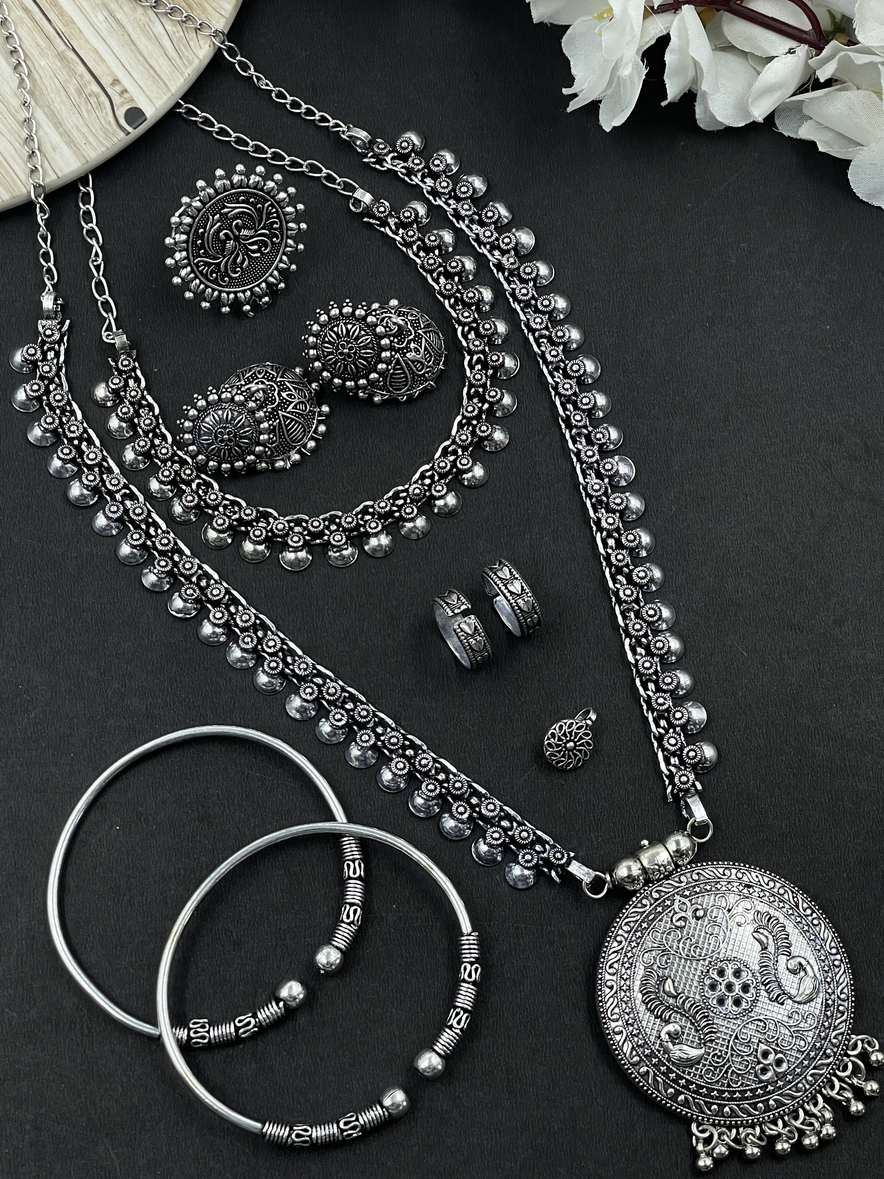 MUKTI OXIDISED SILVER PENDANT NECKLACE JEWELLERY SET COMBO