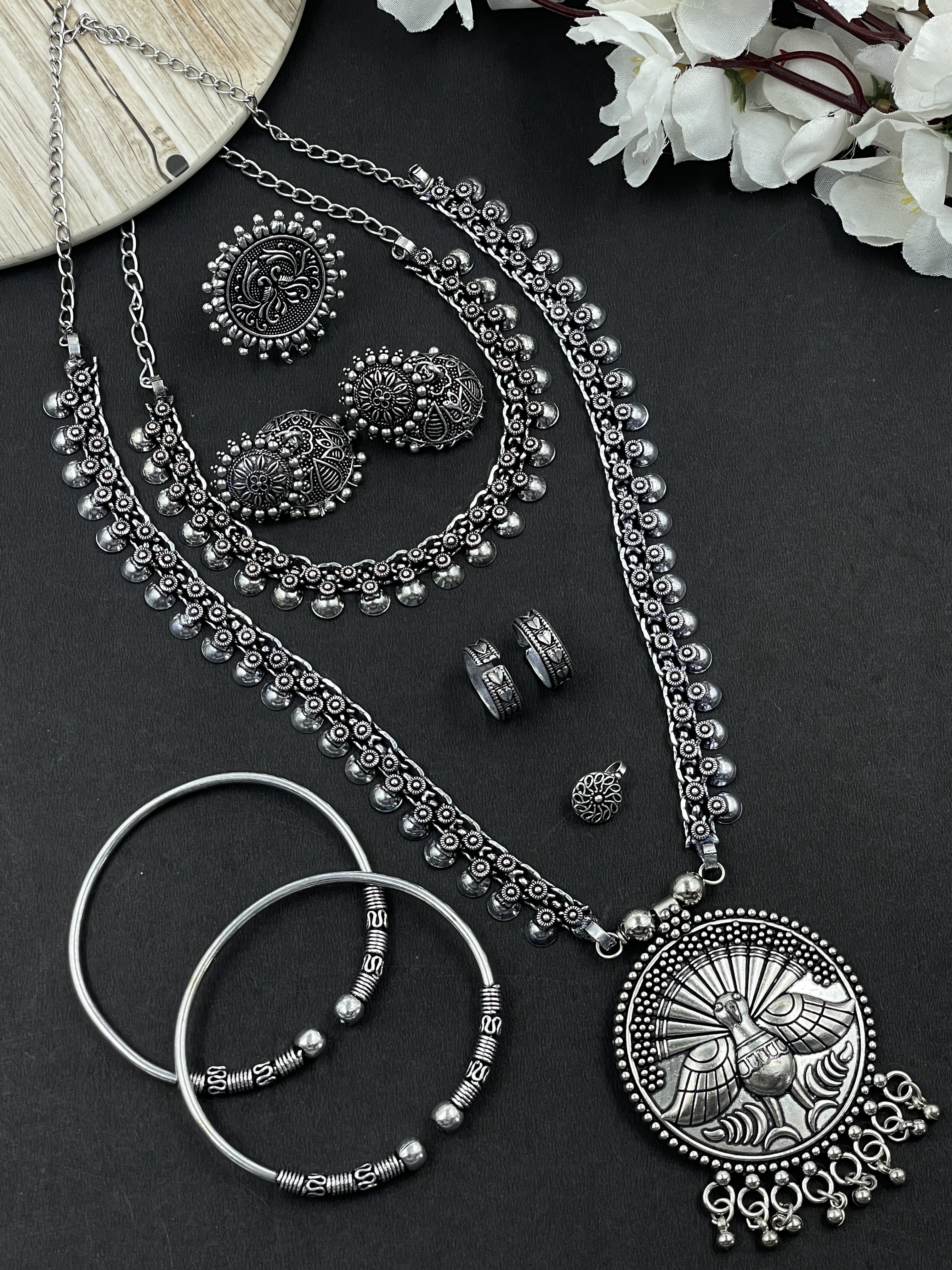 MUKTI OXIDISED SILVER PENDANT NECKLACE JEWELLERY SET COMBO