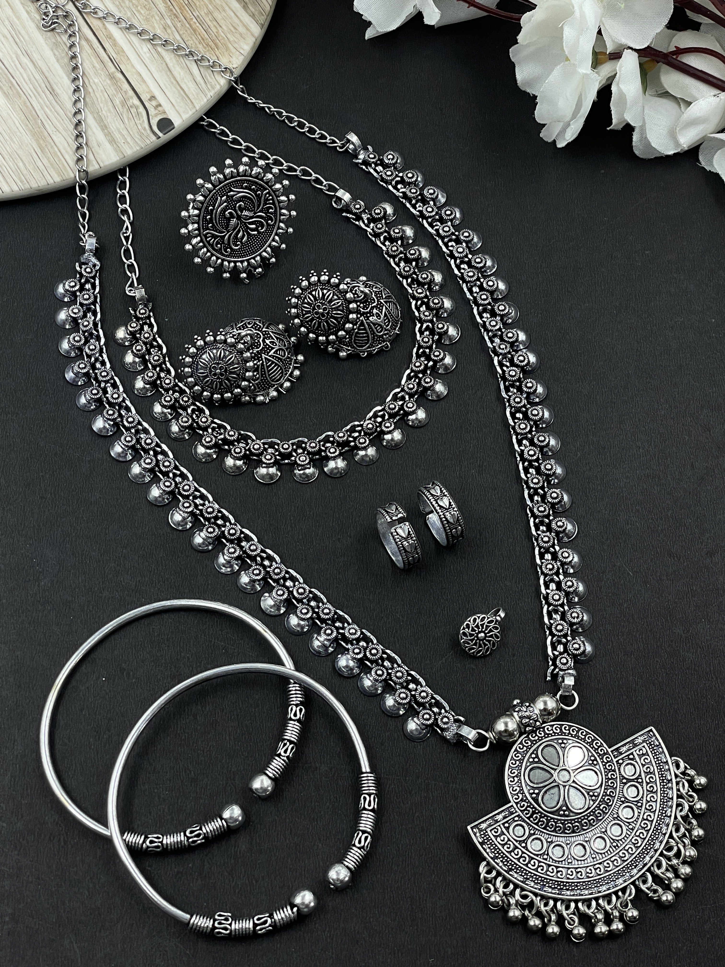 MUKTI OXIDISED SILVER PENDANT NECKLACE JEWELLERY SET COMBO