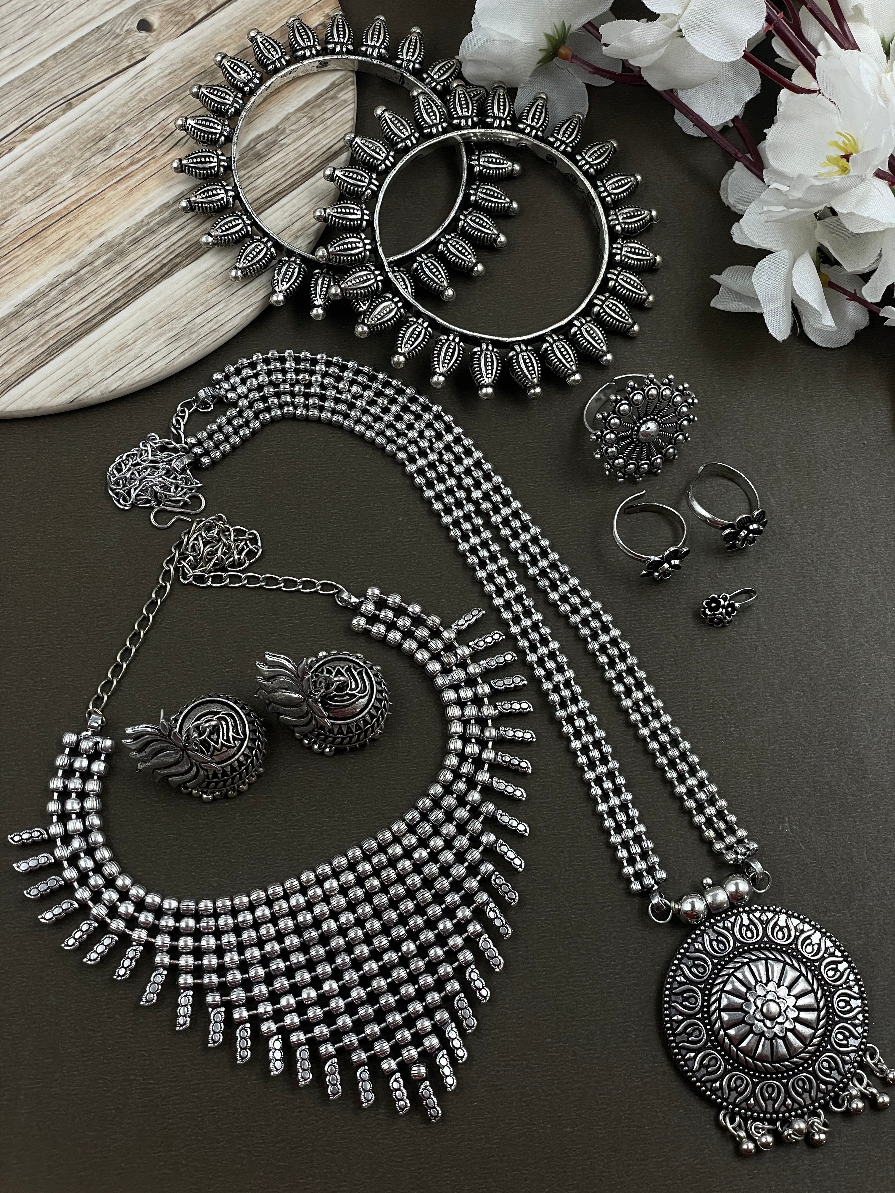 OXIDISED DOUBLE NECKLACE JEWELLERY SET COMBO