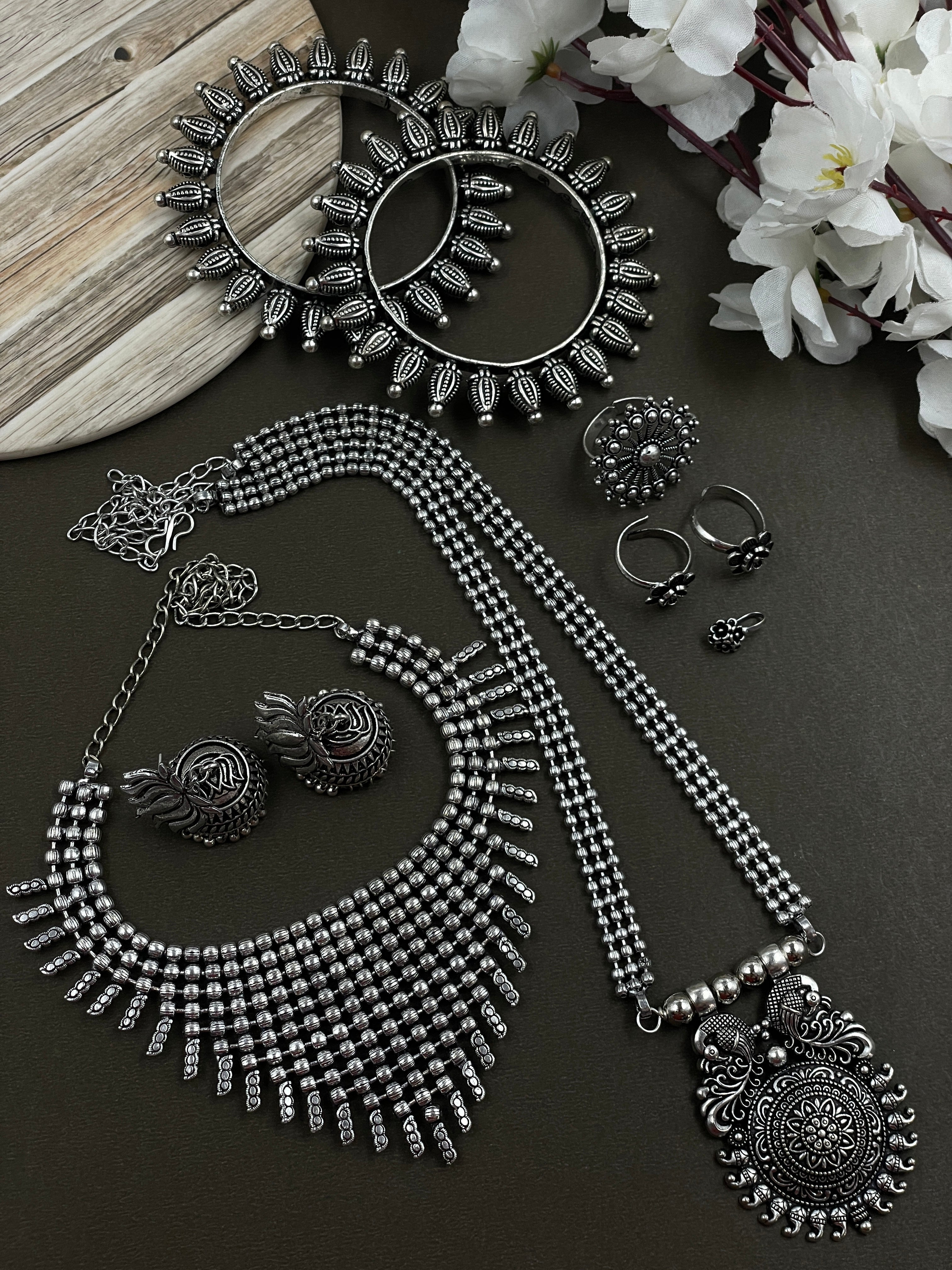 OXIDISED DOUBLE NECKLACE JEWELLERY SET COMBO