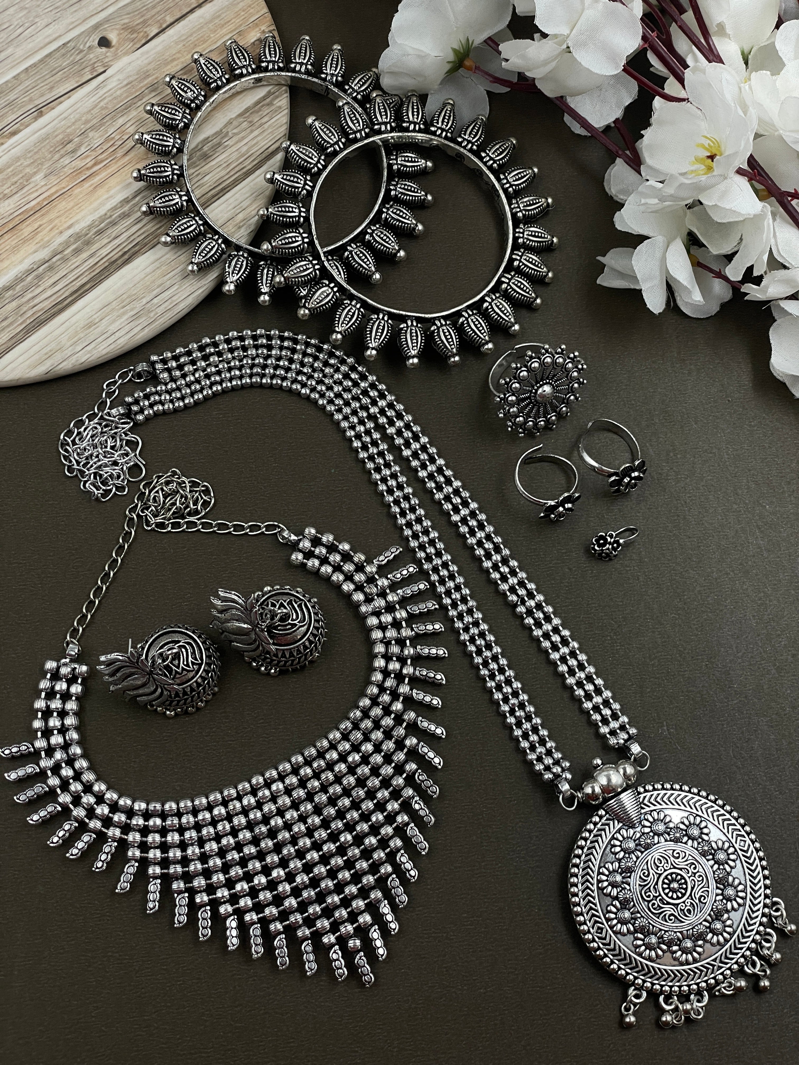 OXIDISED DOUBLE NECKLACE JEWELLERY SET COMBO