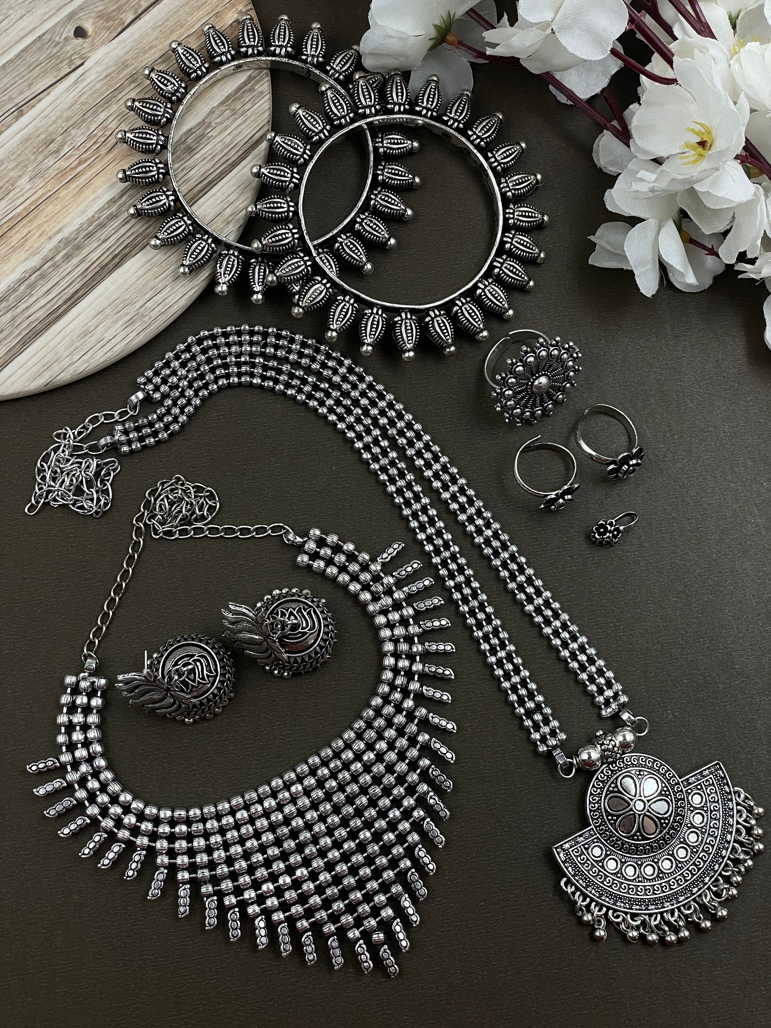 OXIDISED DOUBLE NECKLACE JEWELLERY SET COMBO