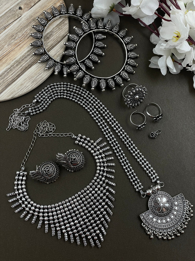 OXIDISED DOUBLE NECKLACE JEWELLERY SET COMBO