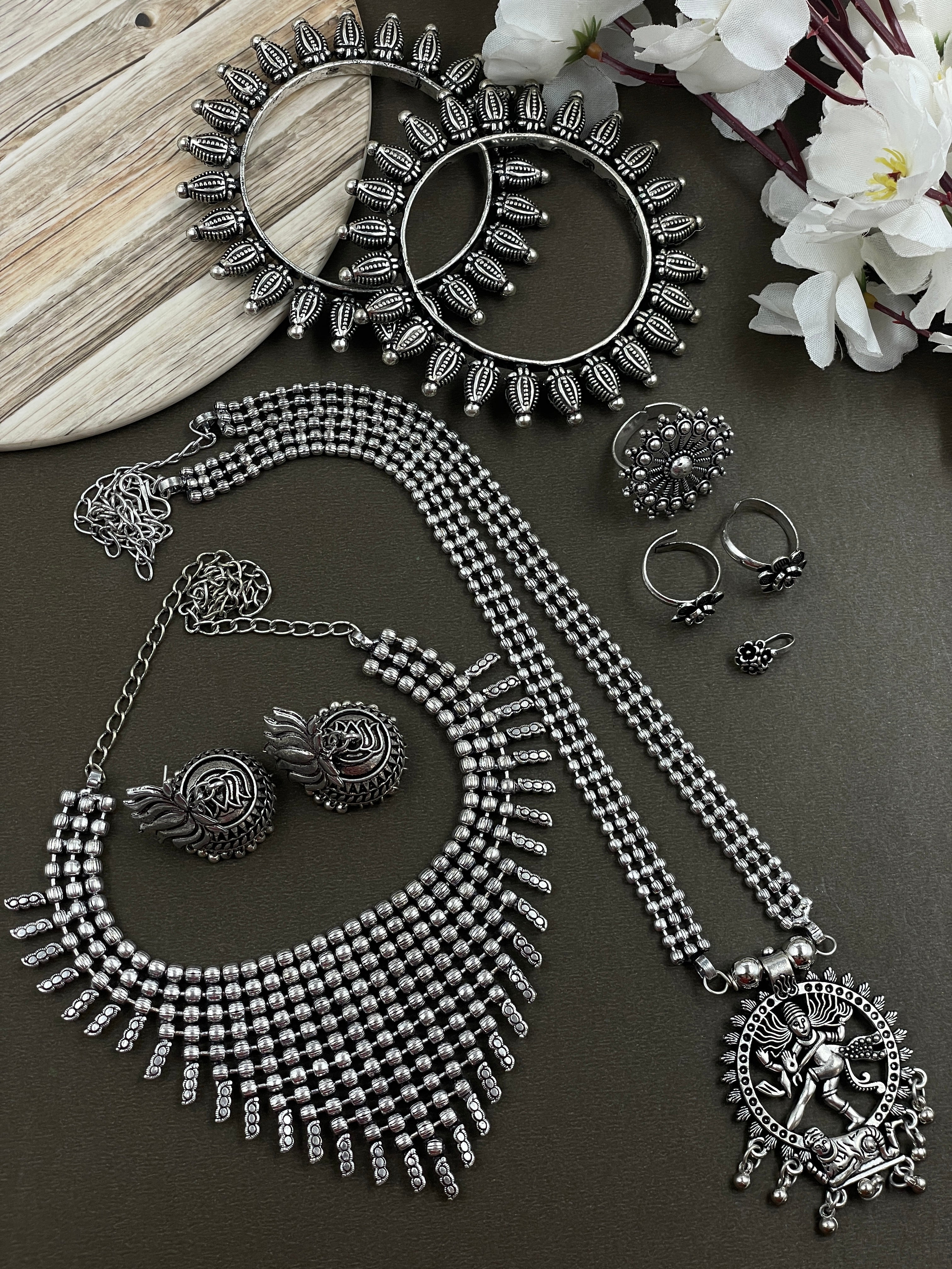 OXIDISED DOUBLE NECKLACE JEWELLERY SET COMBO