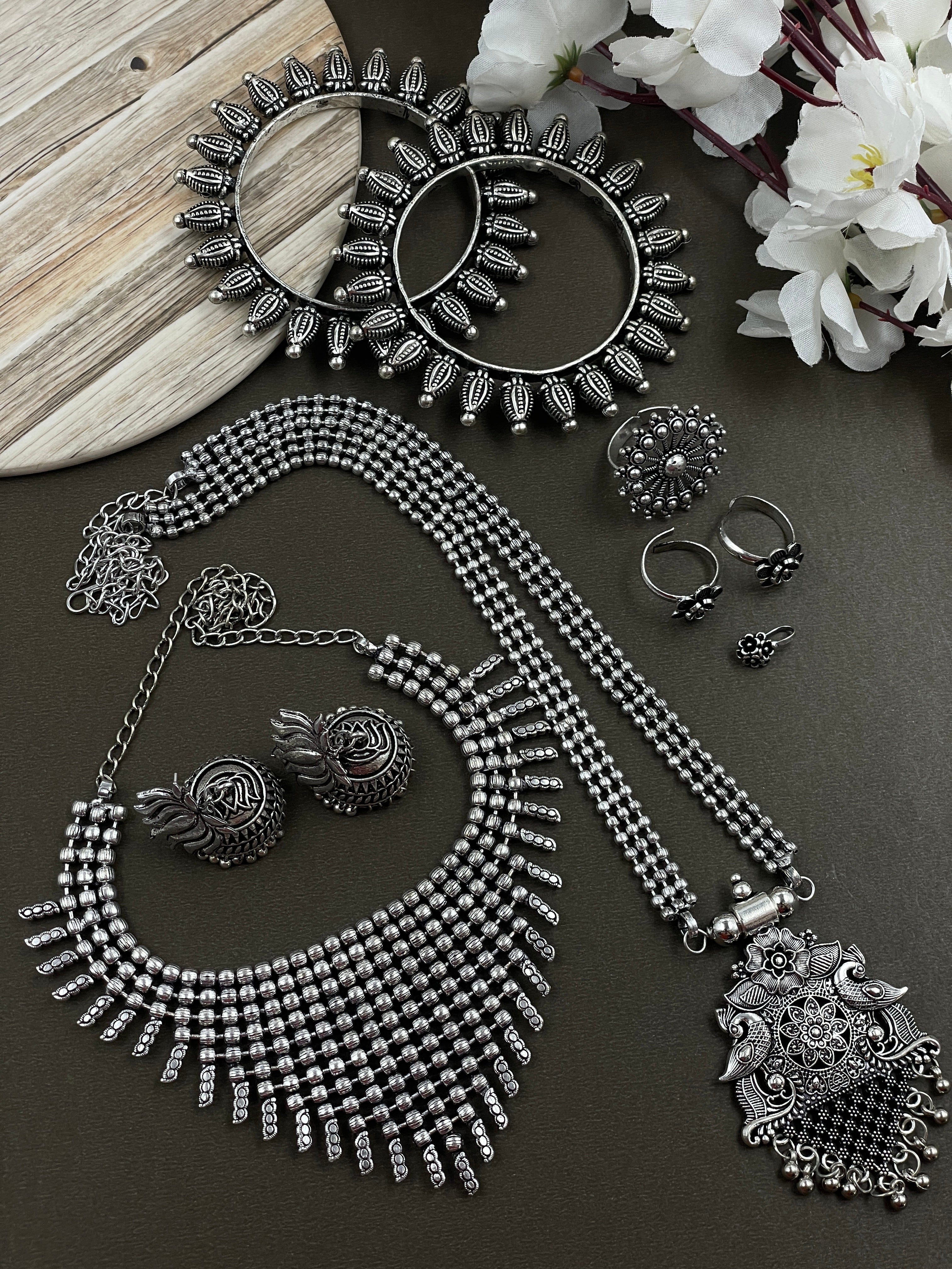 OXIDISED DOUBLE NECKLACE JEWELLERY SET COMBO