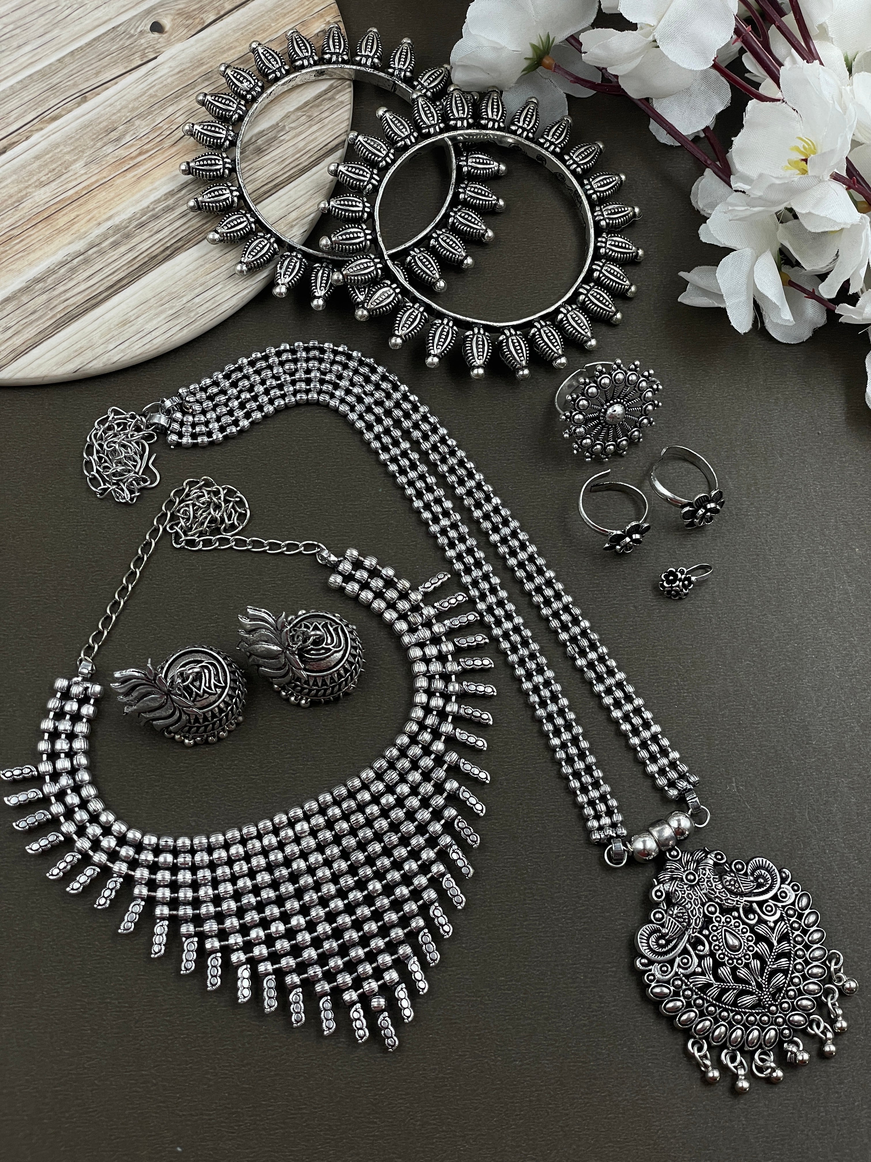 OXIDISED DOUBLE NECKLACE JEWELLERY SET COMBO