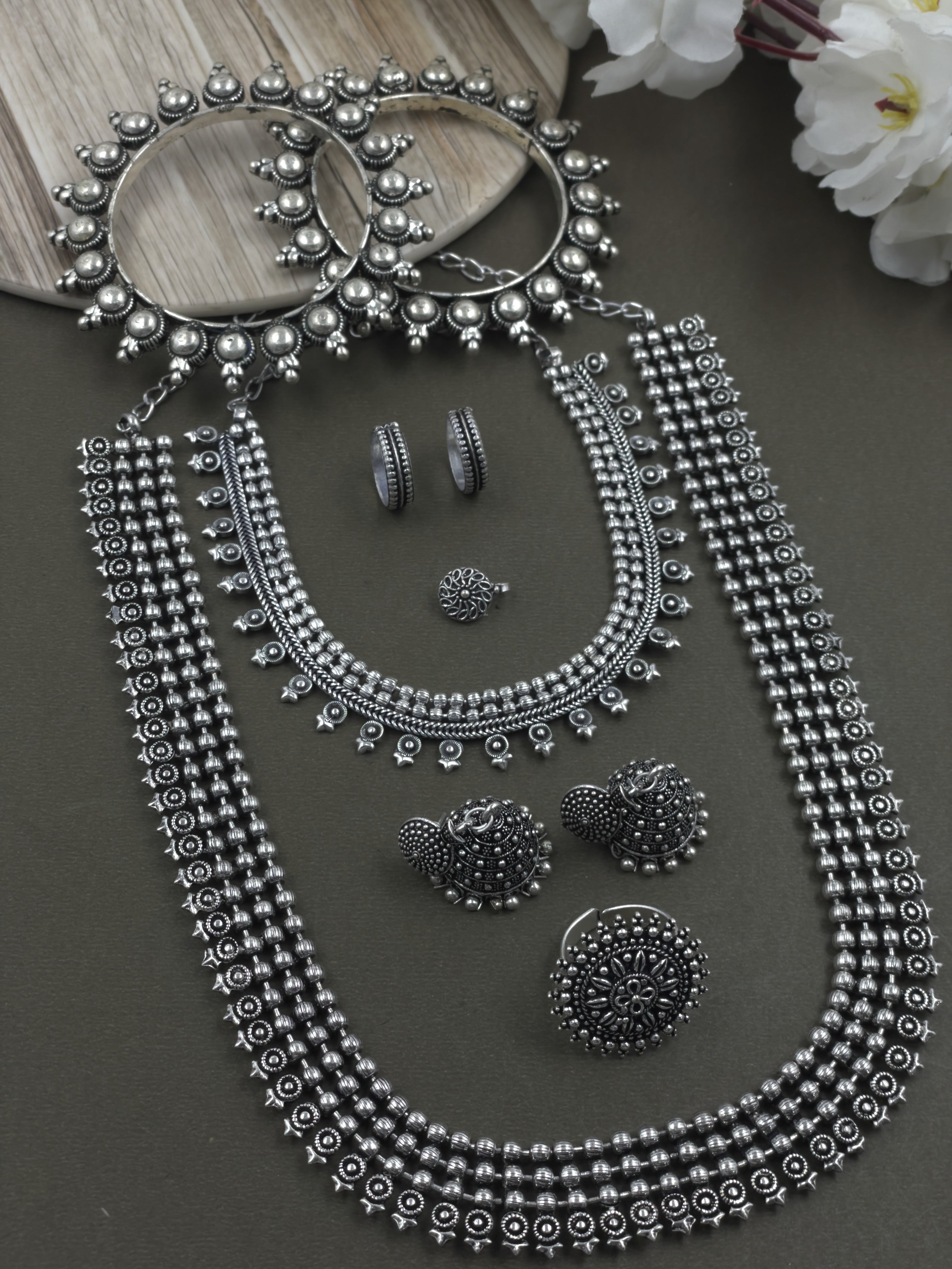 SHIKHA 3 LINE SILVER OXIDISED JEWELLERY SET COMBO