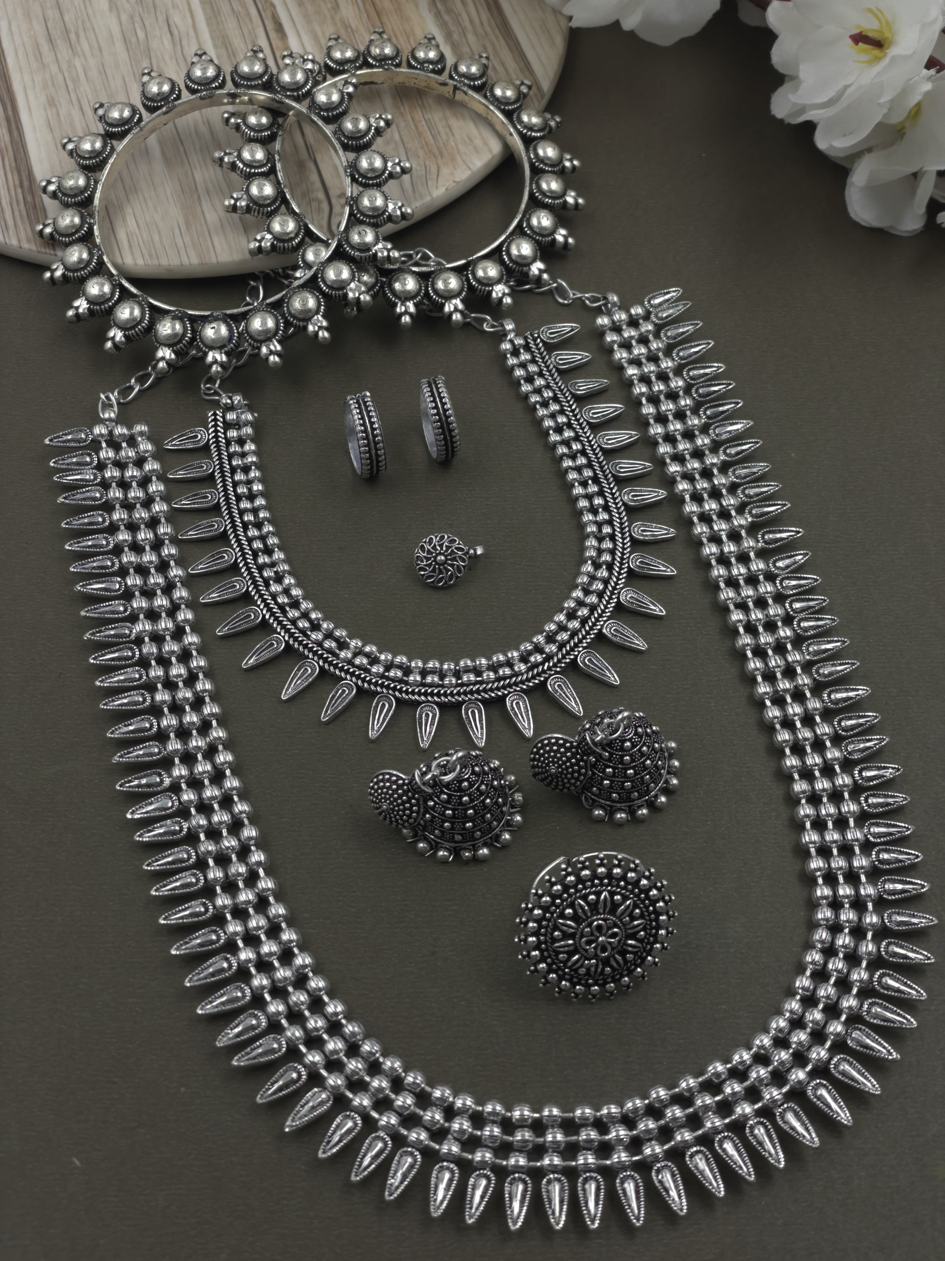 SHIKHA 3 LINE SILVER OXIDISED JEWELLERY SET COMBO