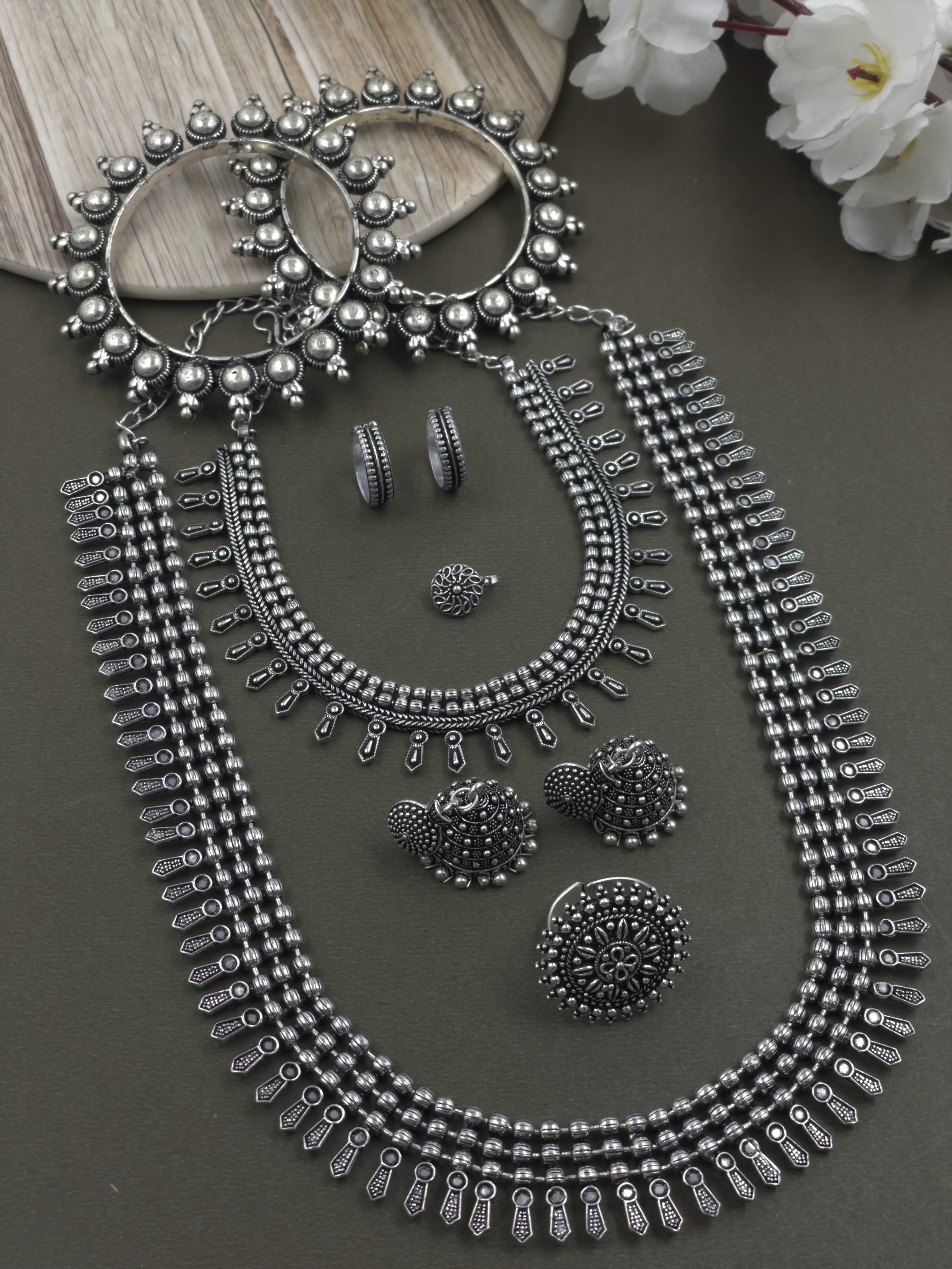 SHIKHA 3 LINE SILVER OXIDISED JEWELLERY SET COMBO