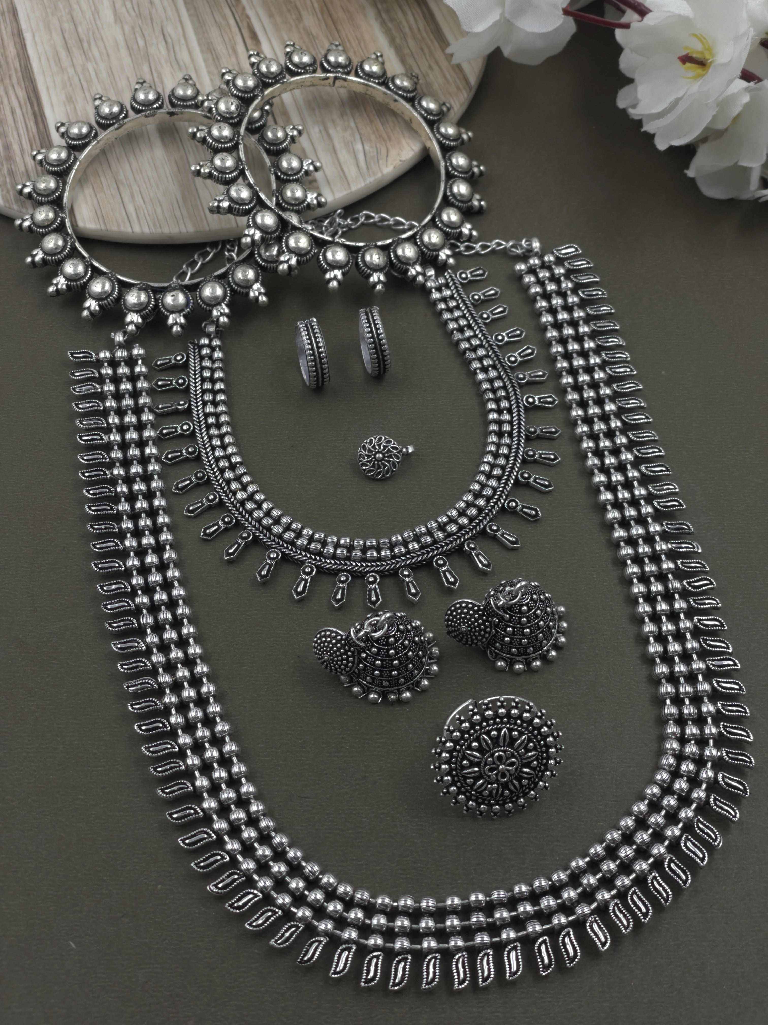 SHIKHA 3 LINE SILVER OXIDISED JEWELLERY SET COMBO