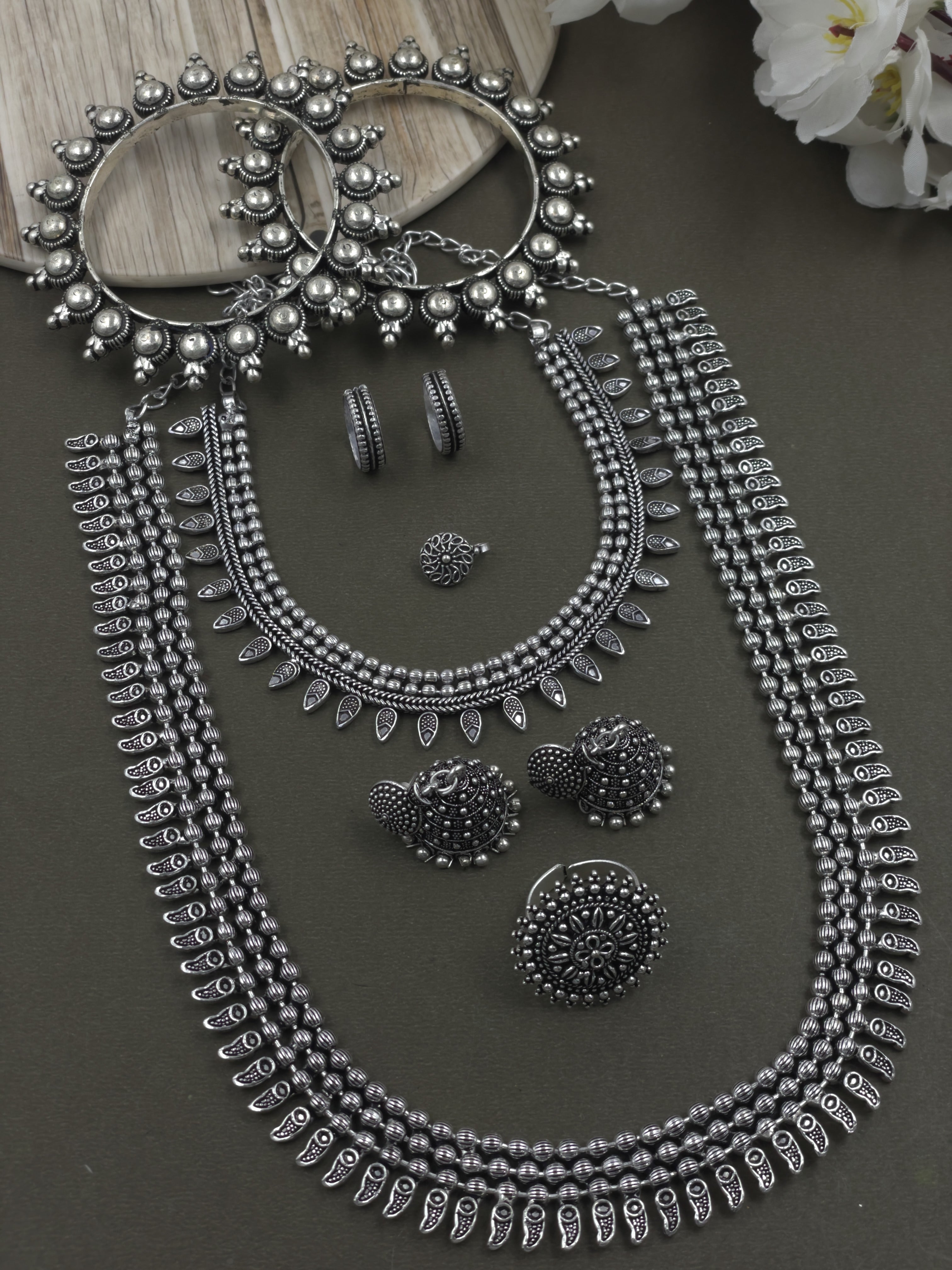 SHIKHA 3 LINE SILVER OXIDISED JEWELLERY SET COMBO