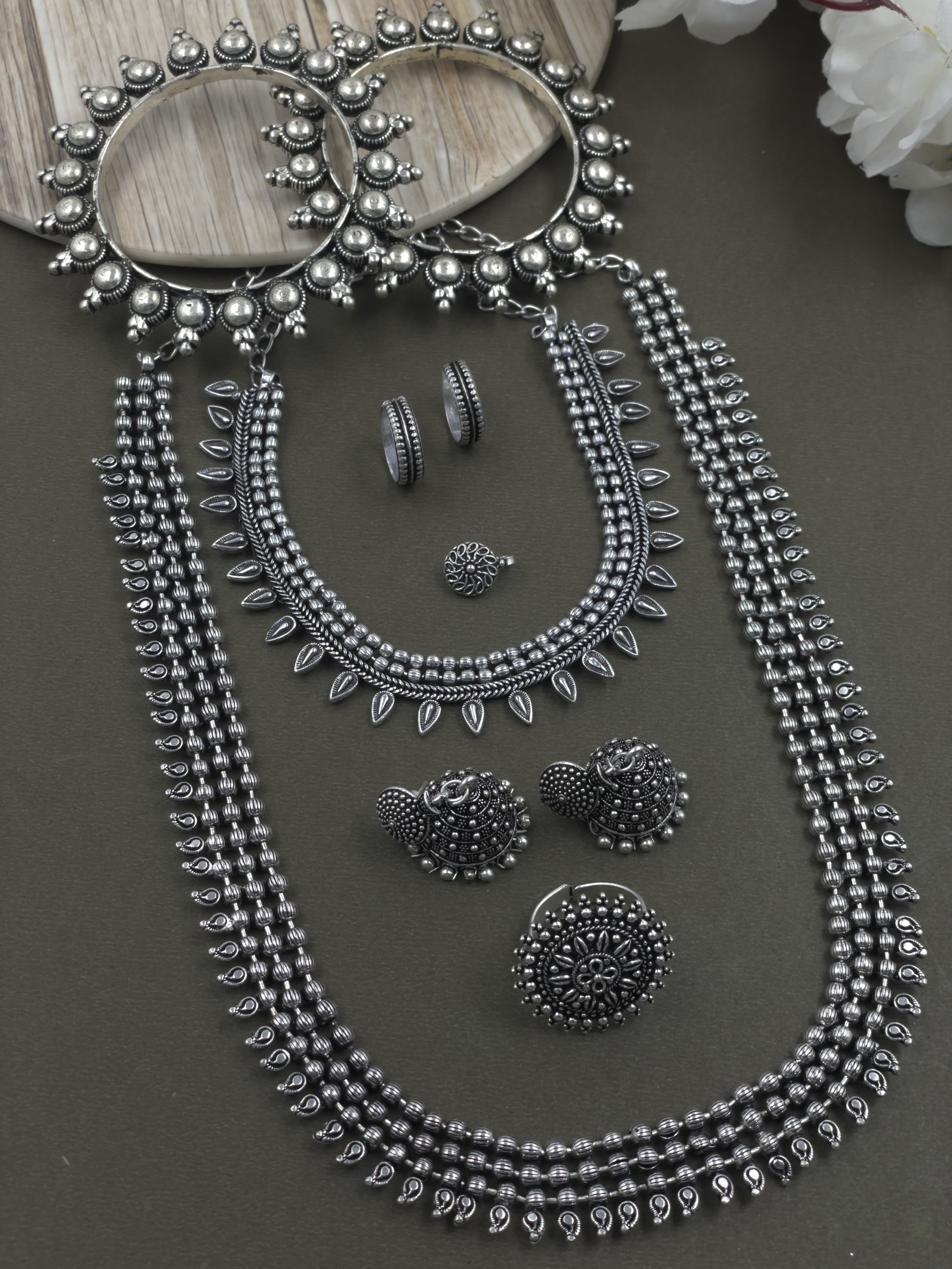 SHIKHA 3 LINE SILVER OXIDISED JEWELLERY SET COMBO