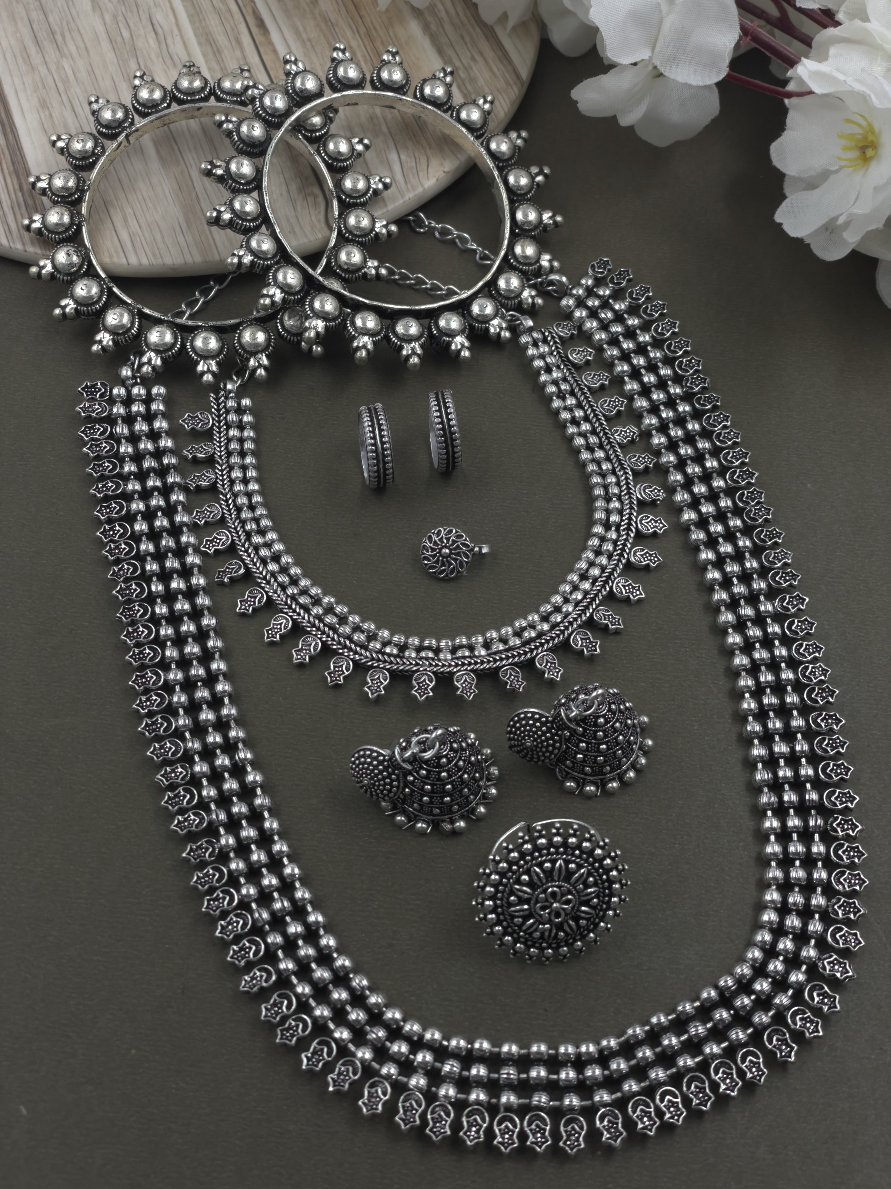 SHIKHA 3 LINE SILVER OXIDISED JEWELLERY SET COMBO