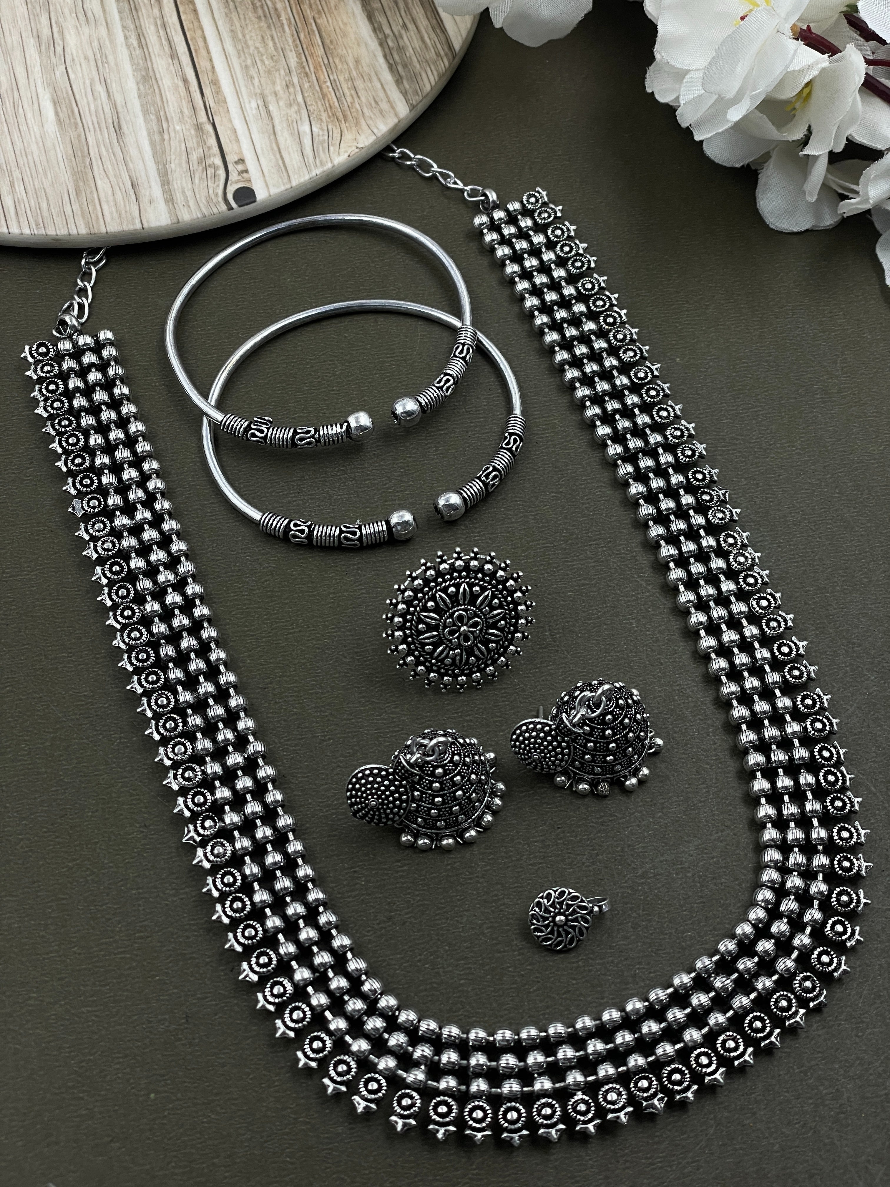 SOUMYA 3 LINE SILVER OXIDISED NECKLACE JEWELLERY SET COMBO