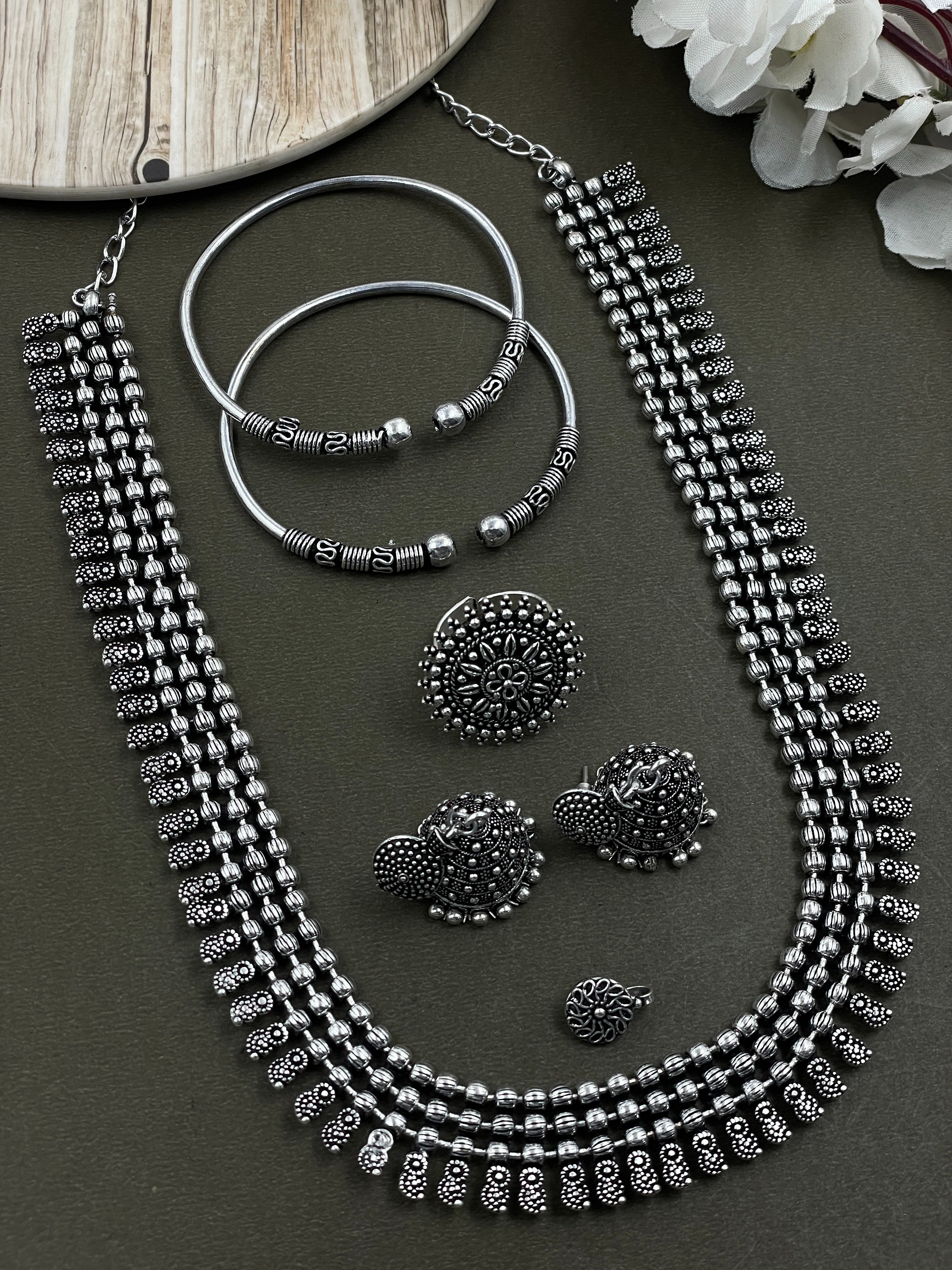 SOUMYA 3 LINE SILVER OXIDISED NECKLACE JEWELLERY SET COMBO