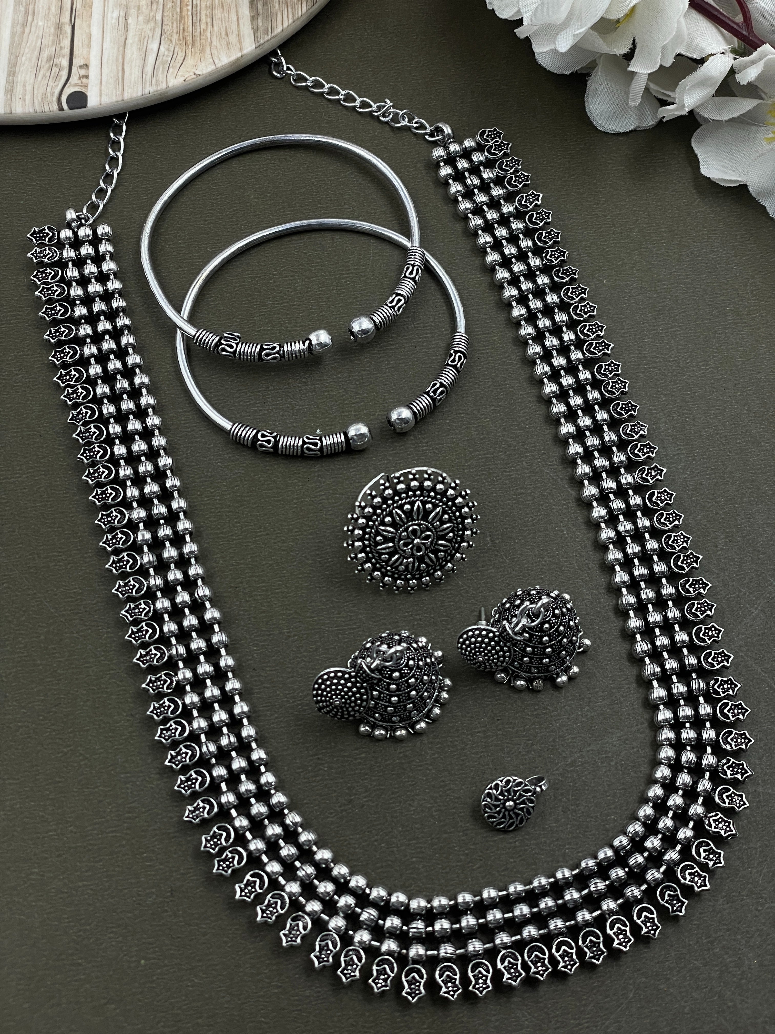 SOUMYA 3 LINE SILVER OXIDISED NECKLACE JEWELLERY SET COMBO