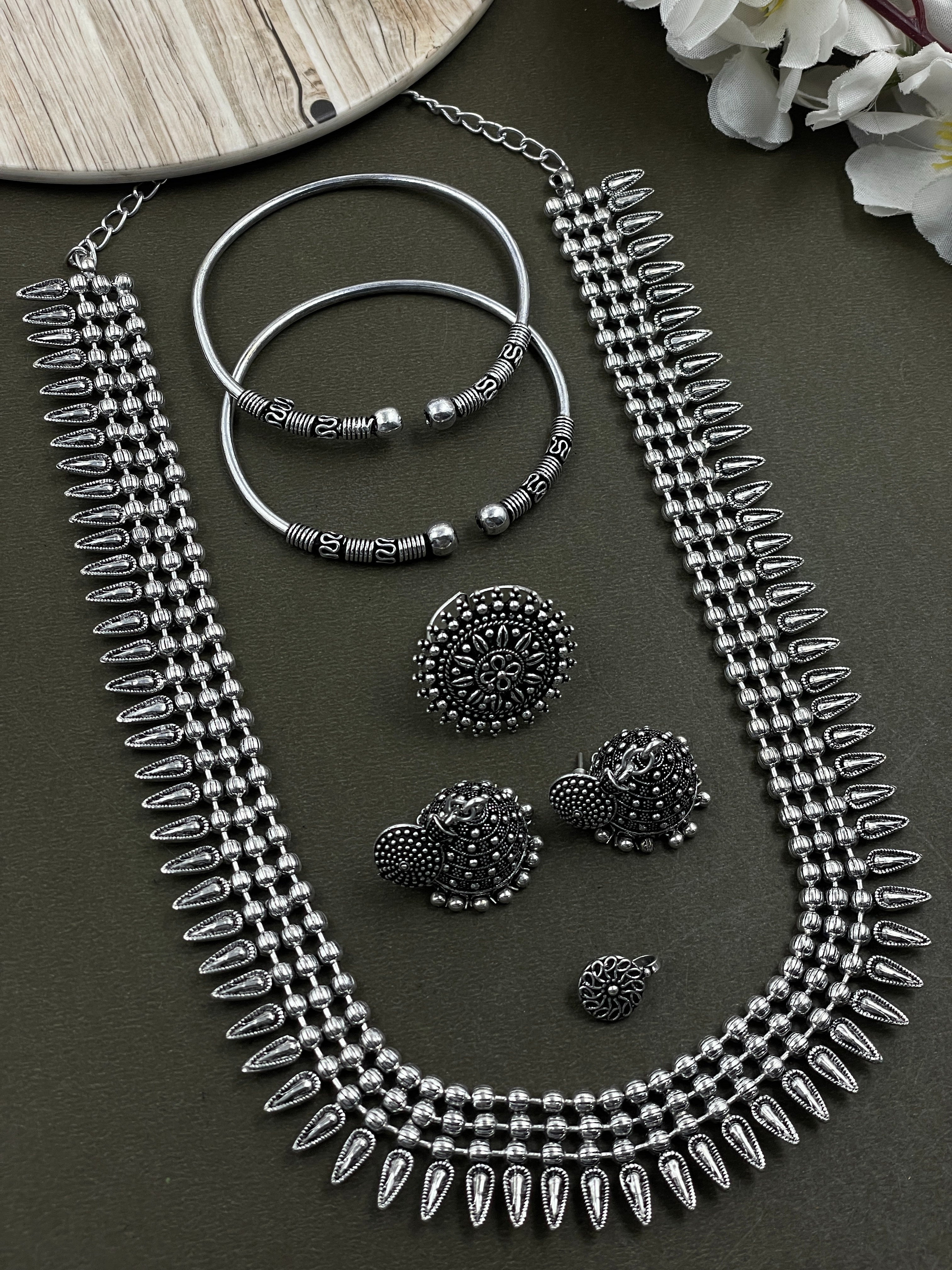 SOUMYA 3 LINE SILVER OXIDISED NECKLACE JEWELLERY SET COMBO