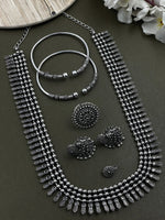 Load image into Gallery viewer, SOUMYA 3 LINE SILVER OXIDISED NECKLACE JEWELLERY SET COMBO