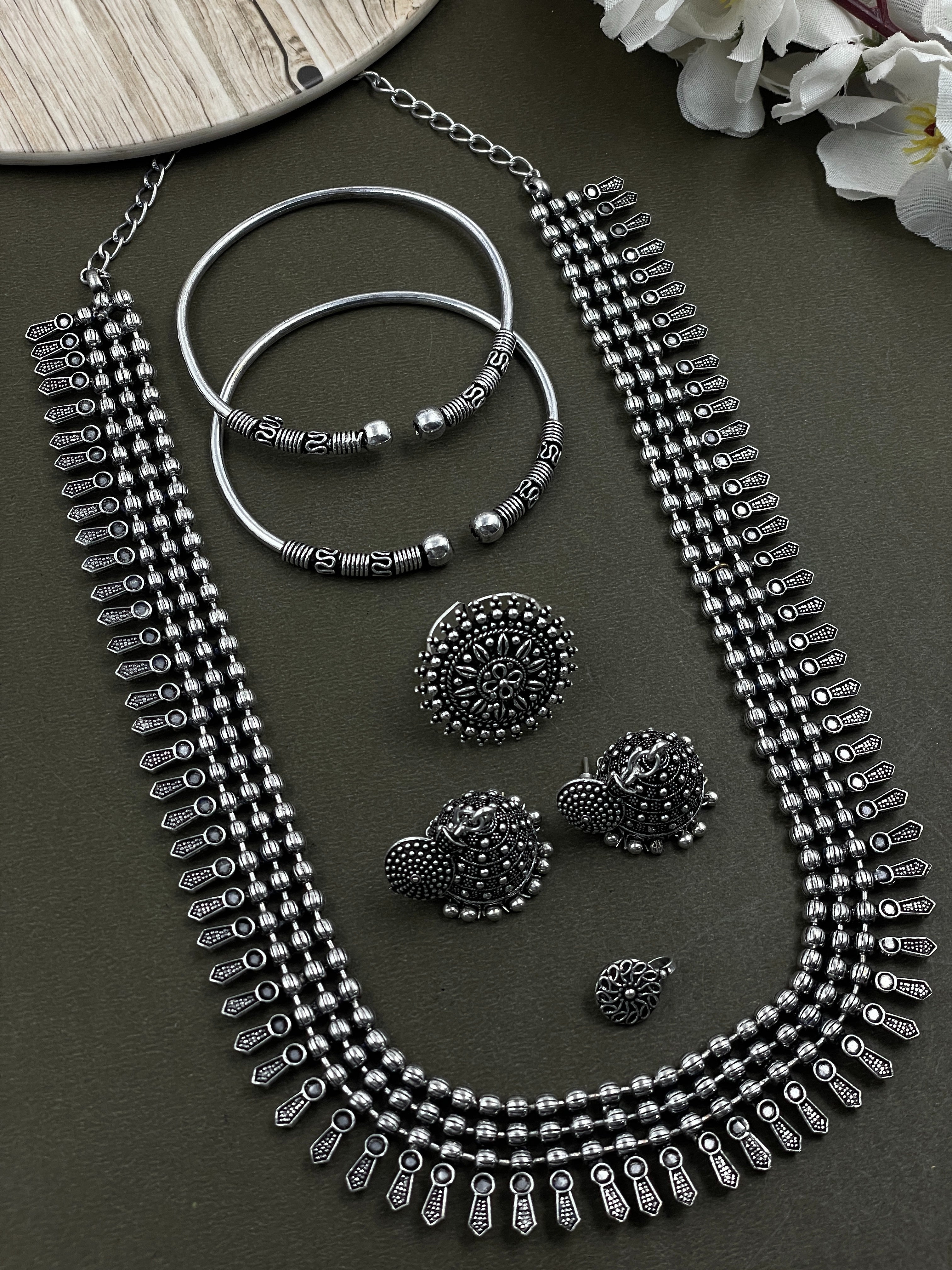 SOUMYA 3 LINE SILVER OXIDISED NECKLACE JEWELLERY SET COMBO