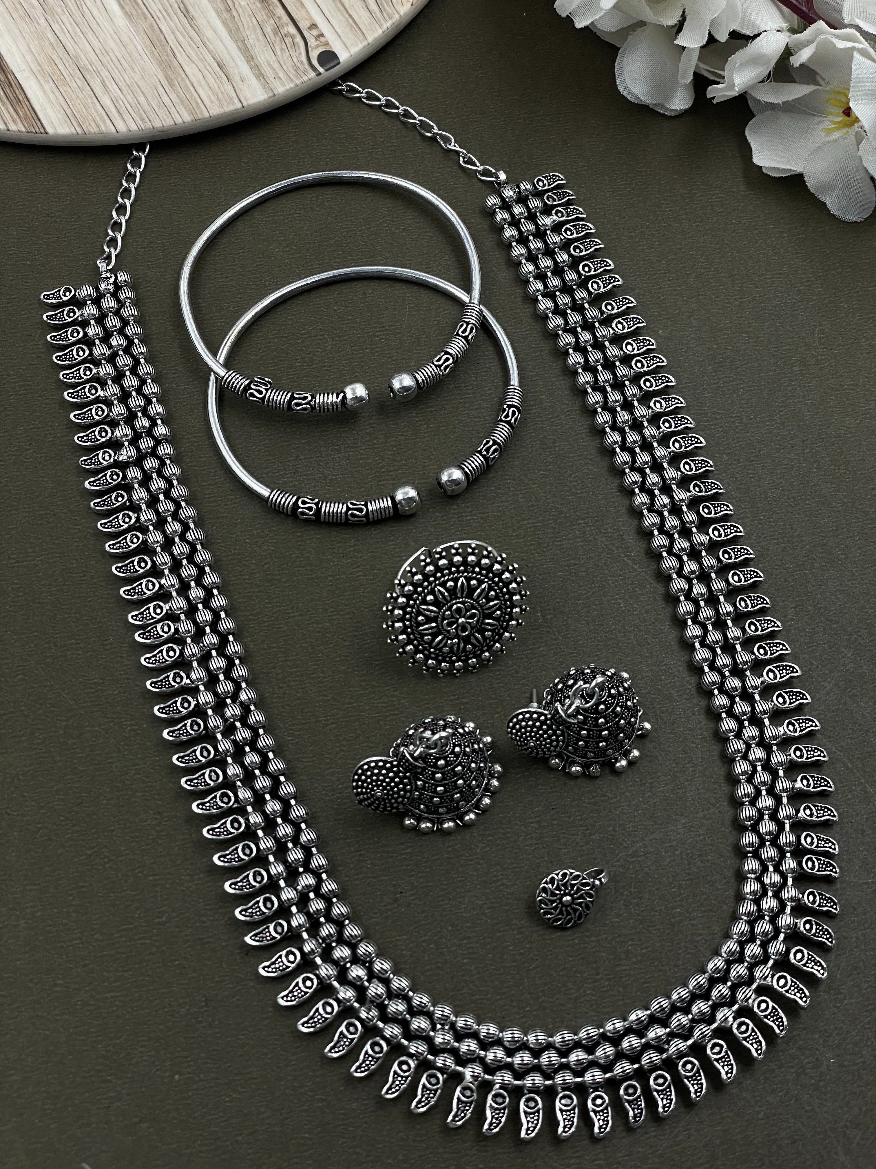 SOUMYA 3 LINE SILVER OXIDISED NECKLACE JEWELLERY SET COMBO