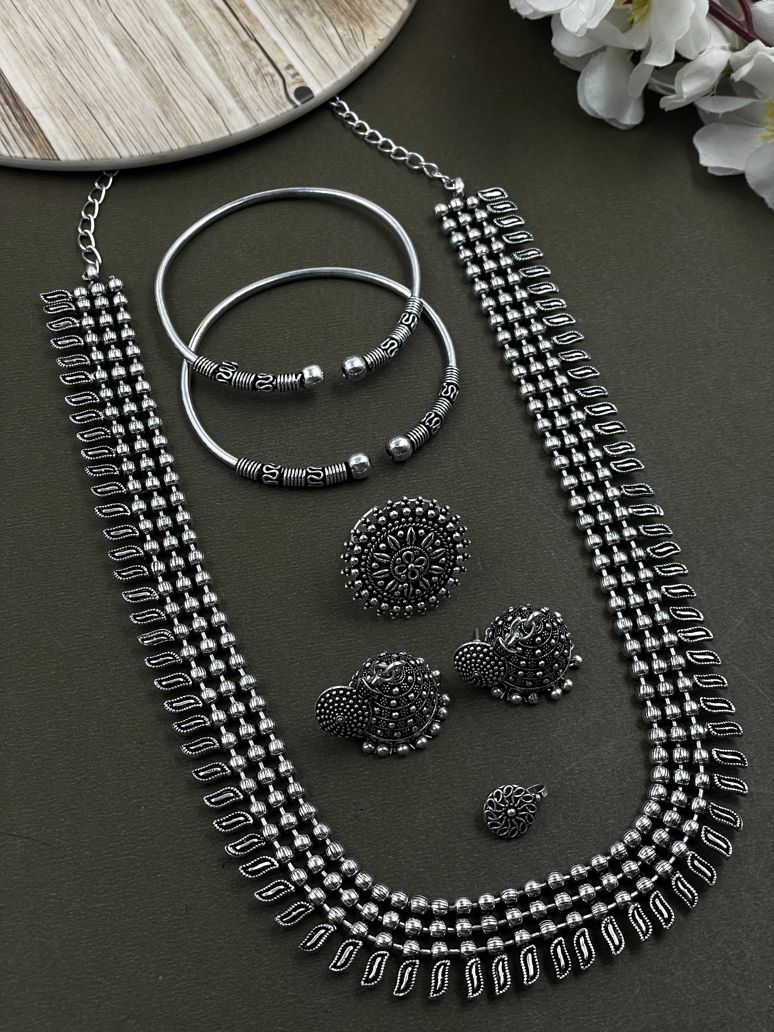 SOUMYA 3 LINE SILVER OXIDISED NECKLACE JEWELLERY SET COMBO