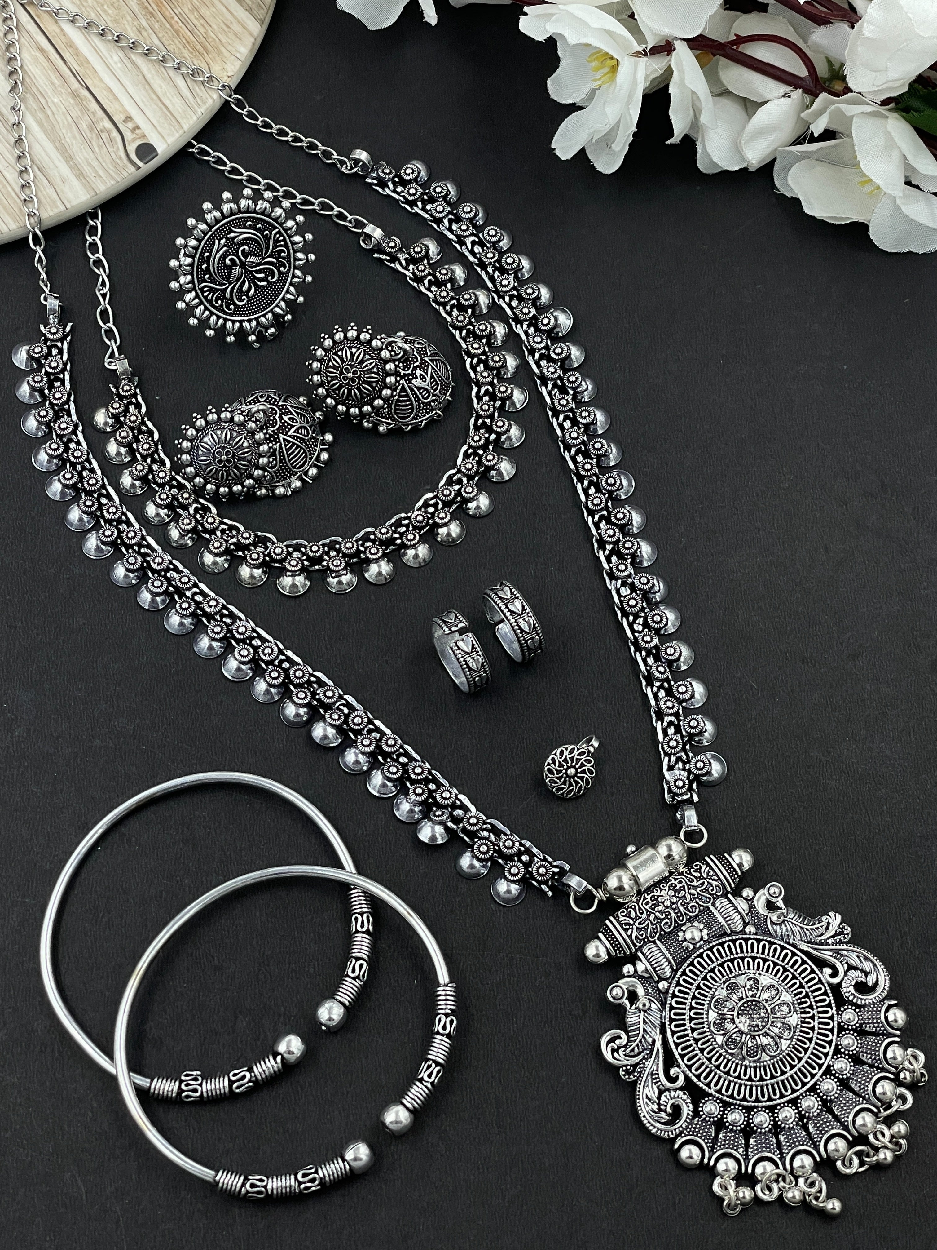 MUKTI OXIDISED SILVER PENDANT NECKLACE JEWELLERY SET COMBO