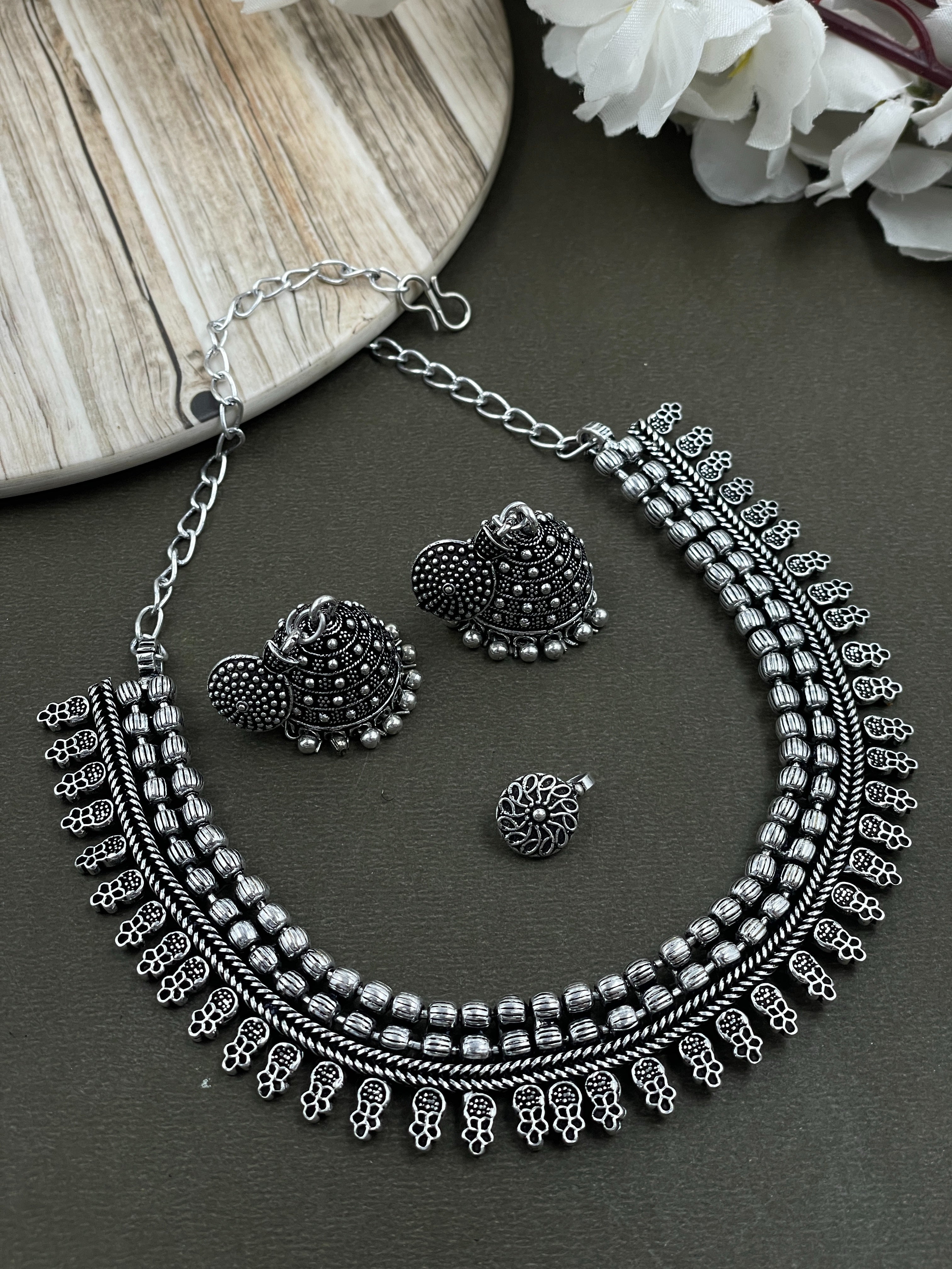 OLIVIA SILVER OXIDISED CHOKER JEWELLERY SET COMBO