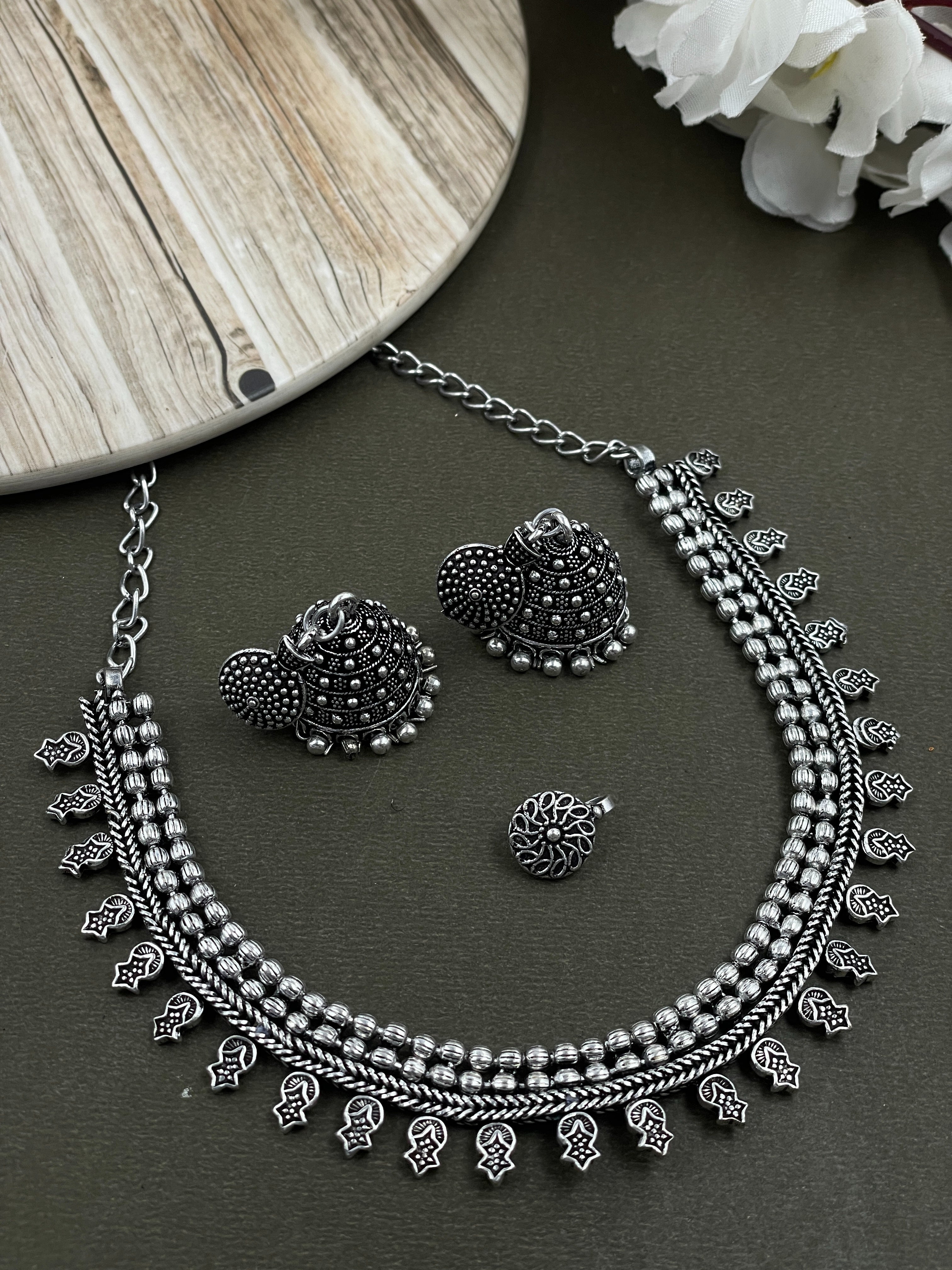 OLIVIA SILVER OXIDISED CHOKER JEWELLERY SET COMBO