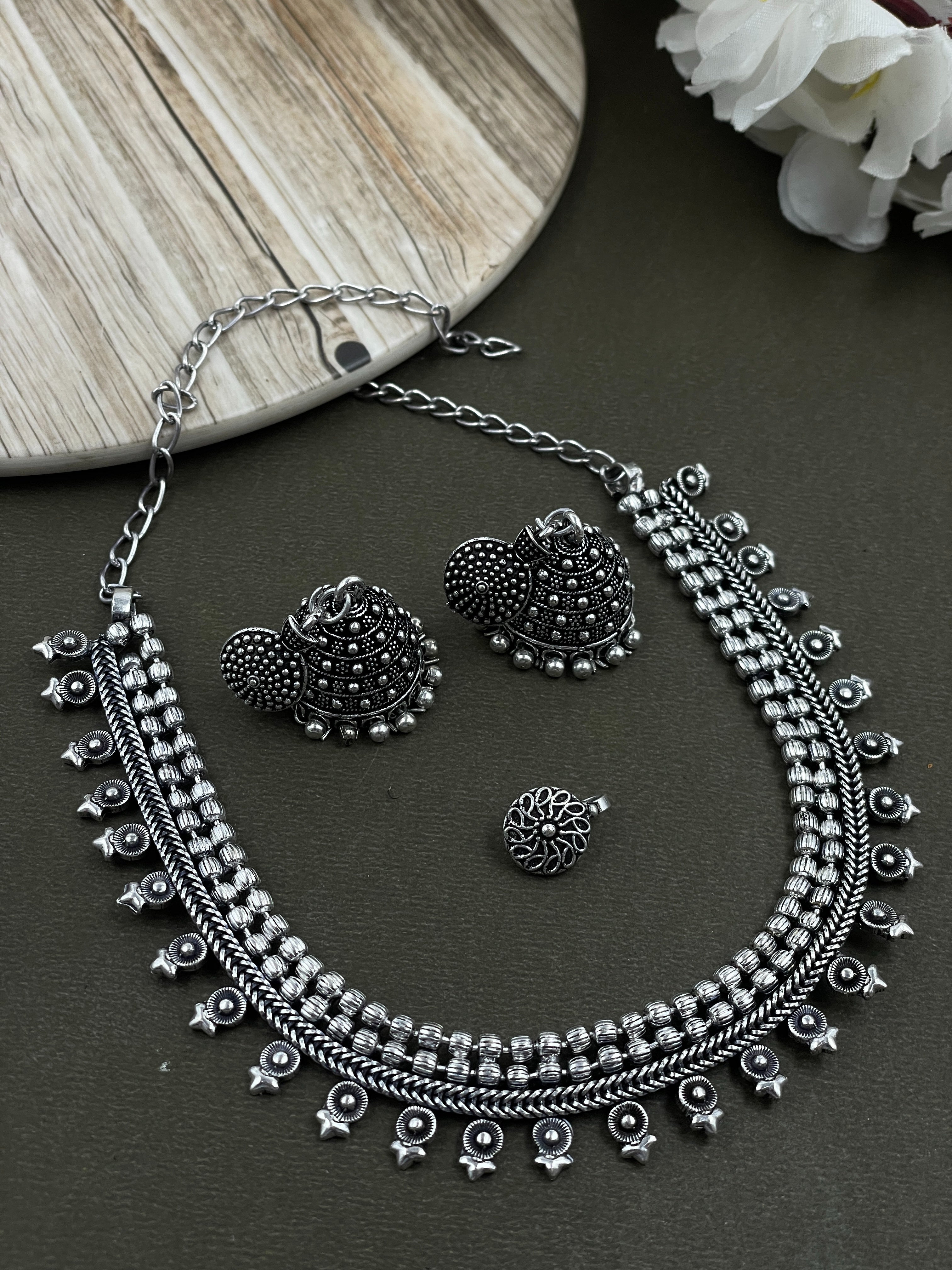 OLIVIA SILVER OXIDISED CHOKER JEWELLERY SET COMBO