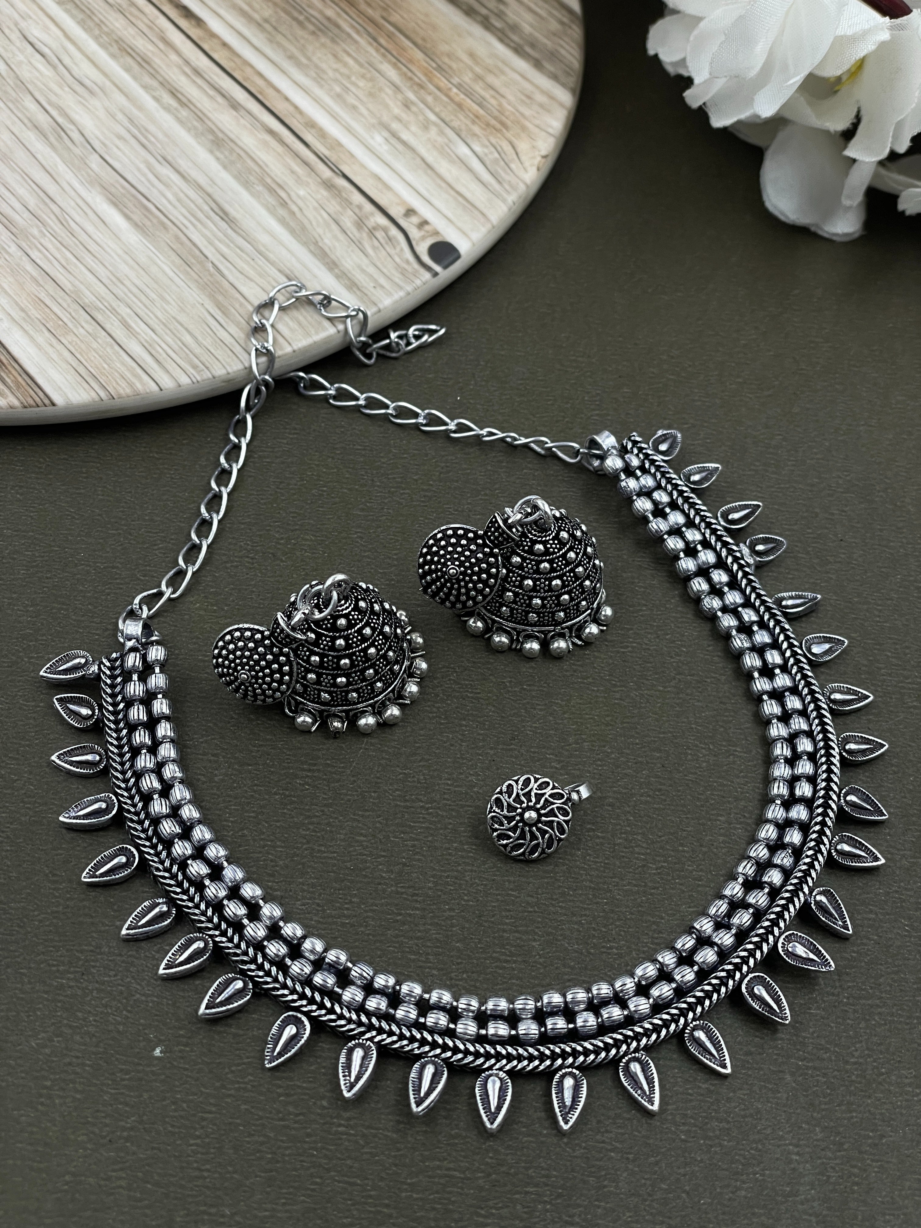 OLIVIA SILVER OXIDISED CHOKER JEWELLERY SET COMBO