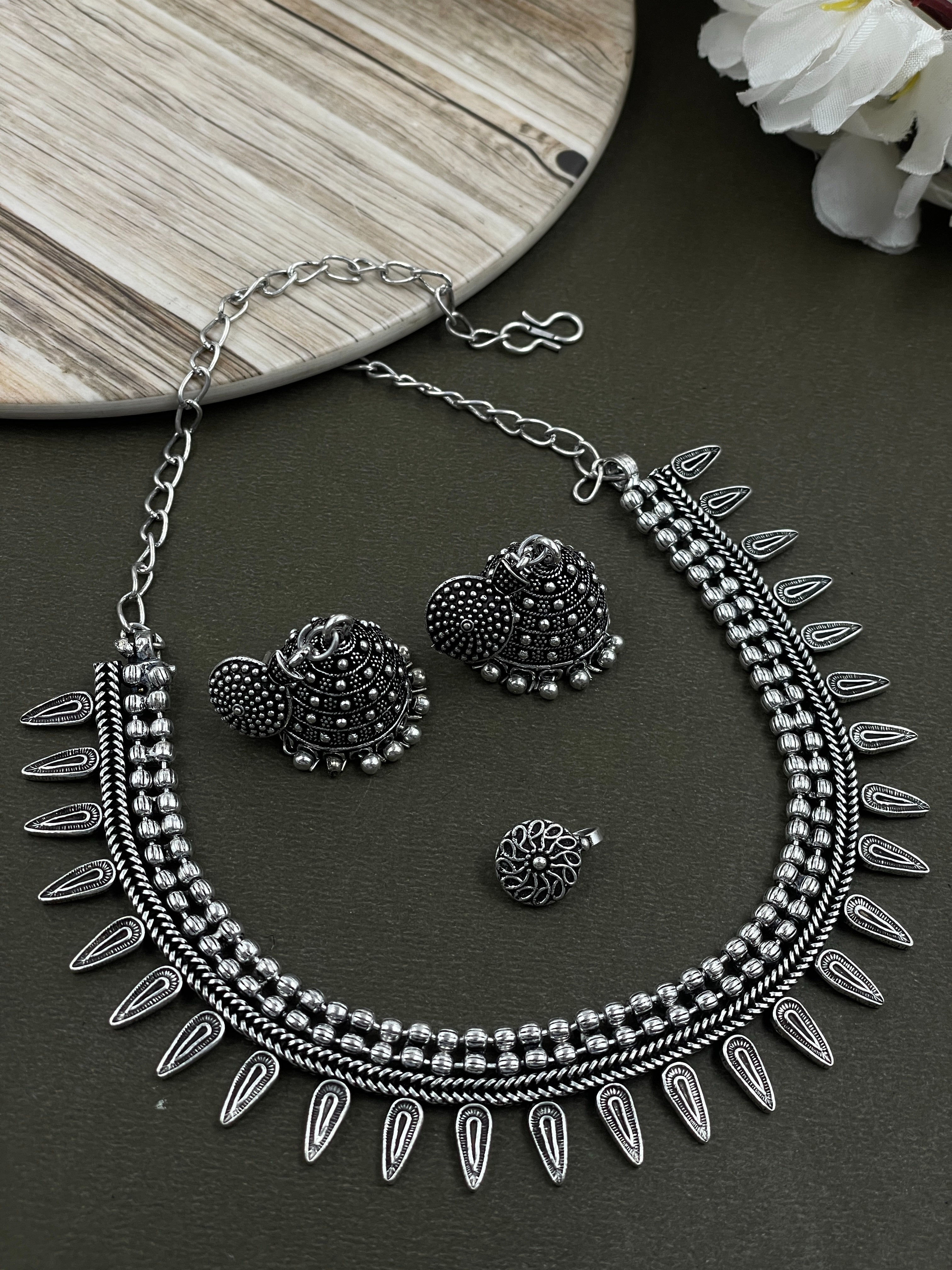 OLIVIA SILVER OXIDISED CHOKER JEWELLERY SET COMBO