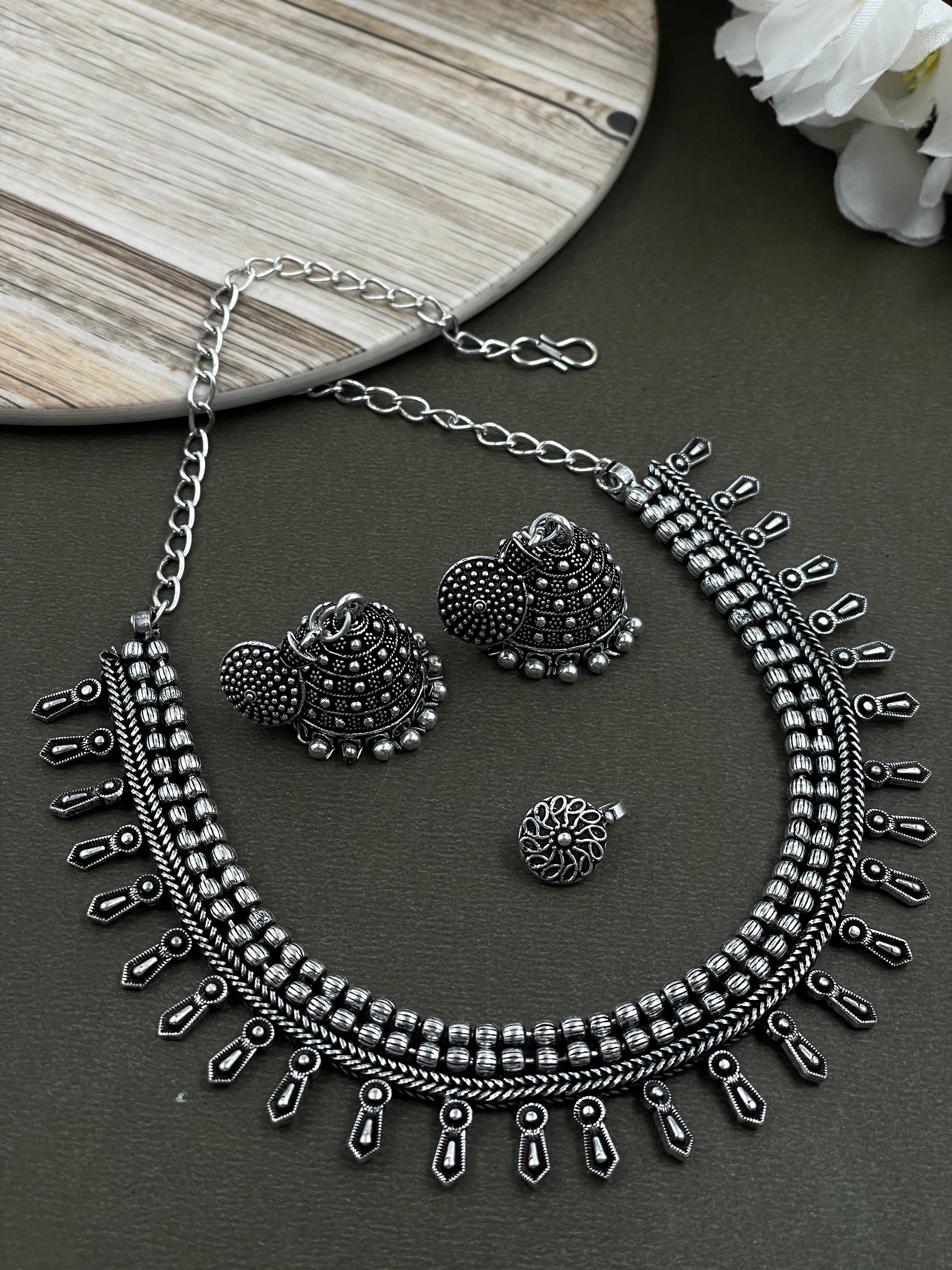 OLIVIA SILVER OXIDISED CHOKER JEWELLERY SET COMBO