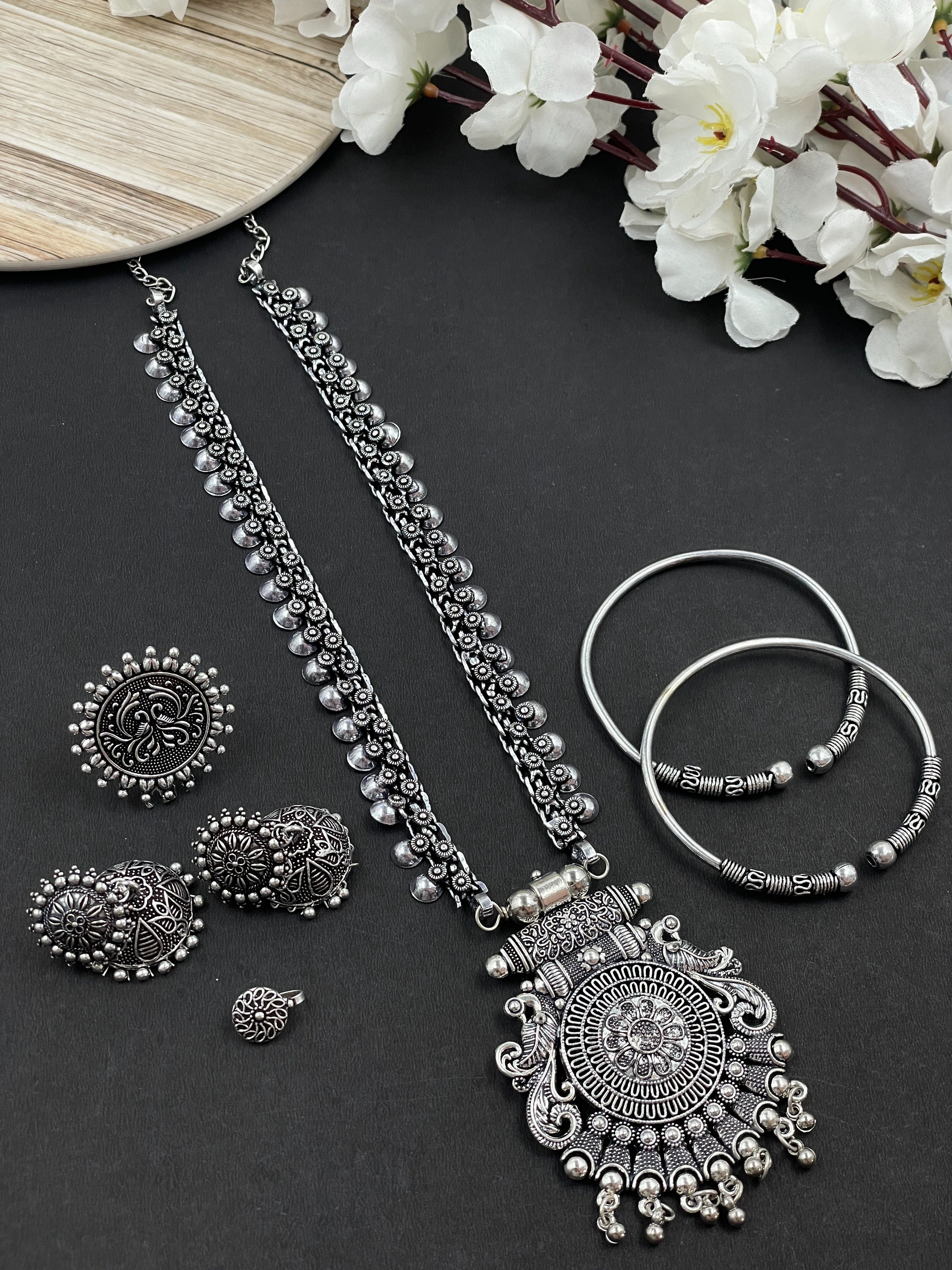 PORTIA OXIDISED SINGLE LINE PENDANT JEWELLERY SET COMBO