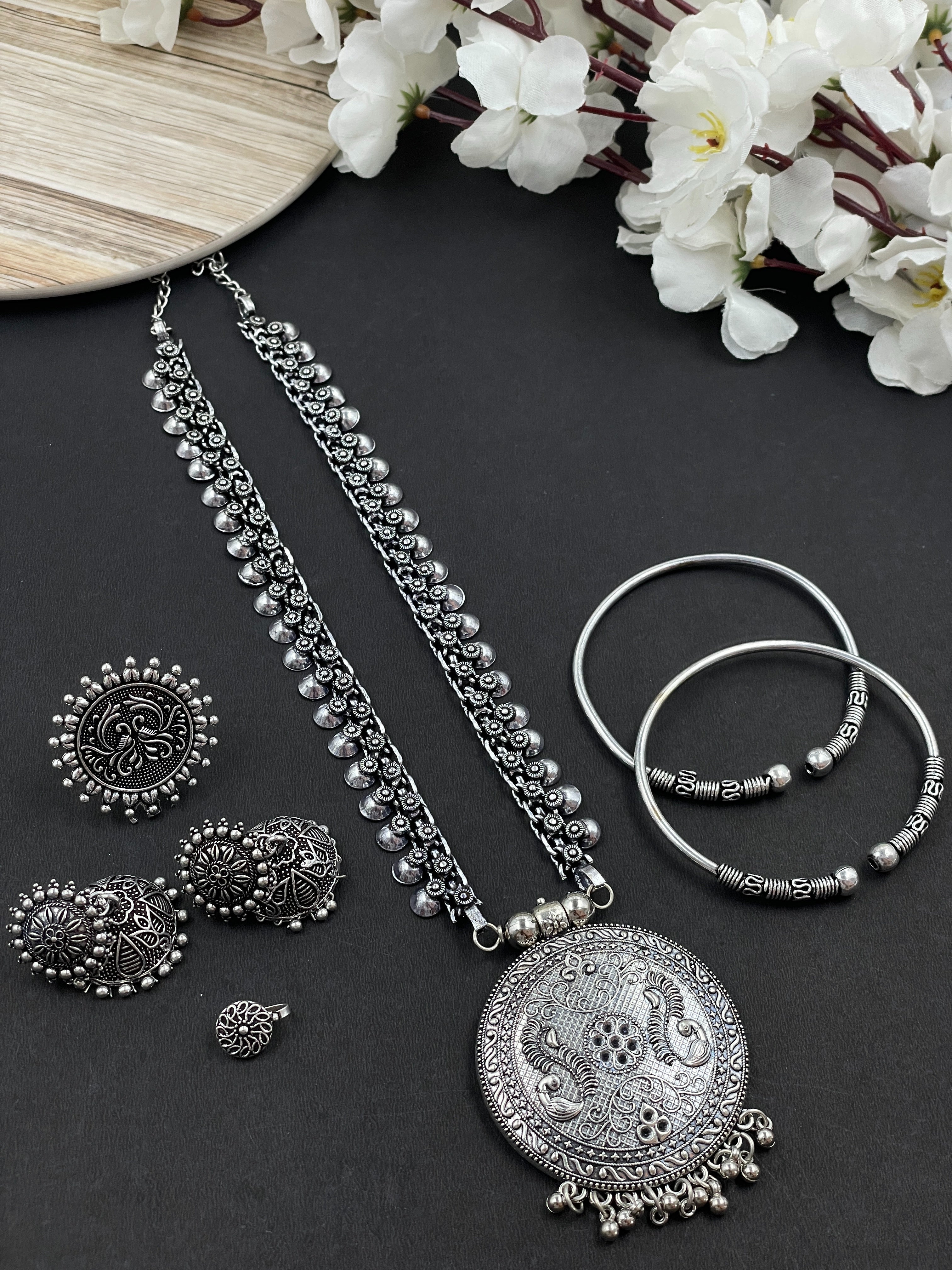 PORTIA OXIDISED SINGLE LINE PENDANT JEWELLERY SET COMBO