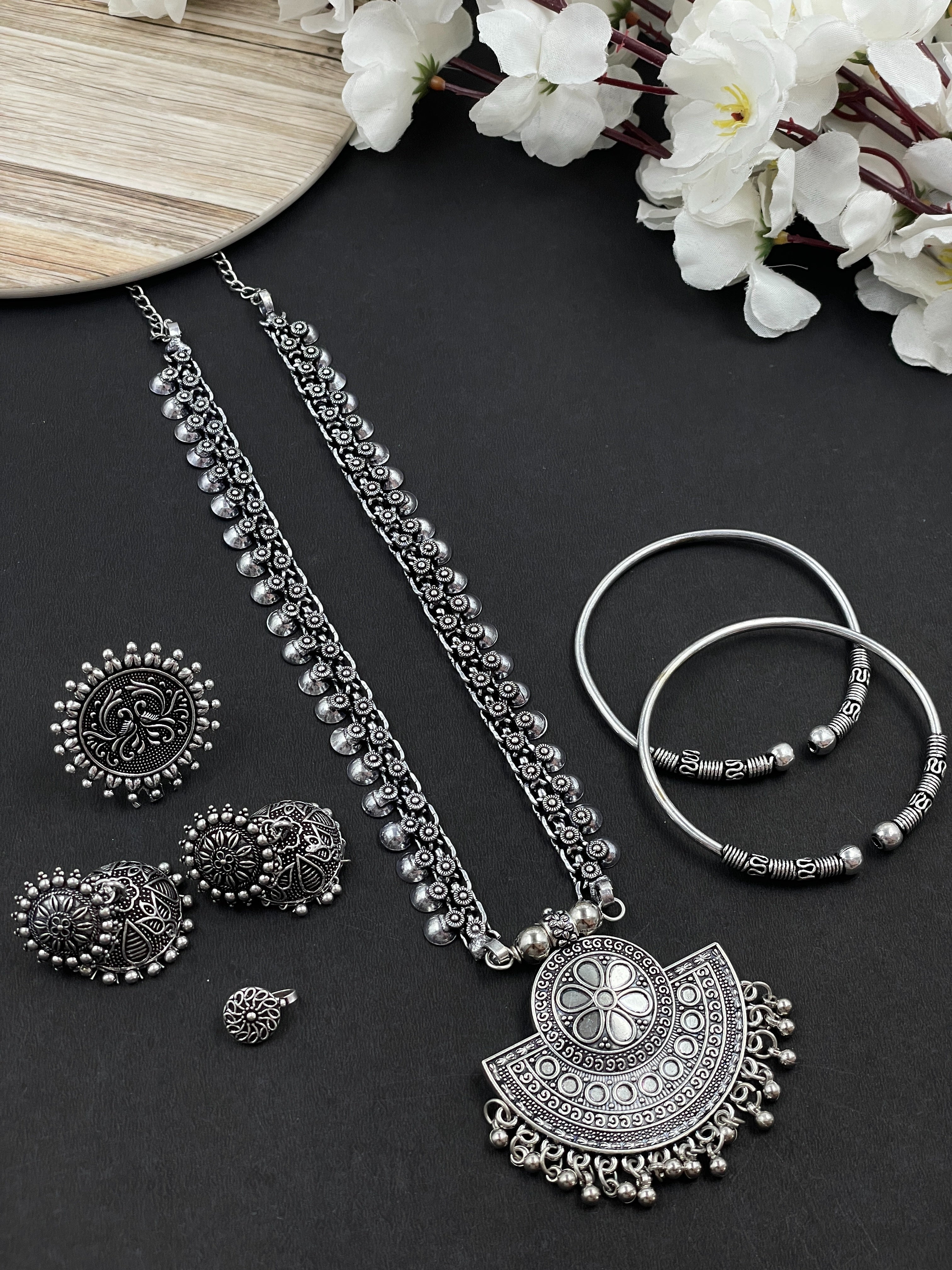 PORTIA OXIDISED SINGLE LINE PENDANT JEWELLERY SET COMBO