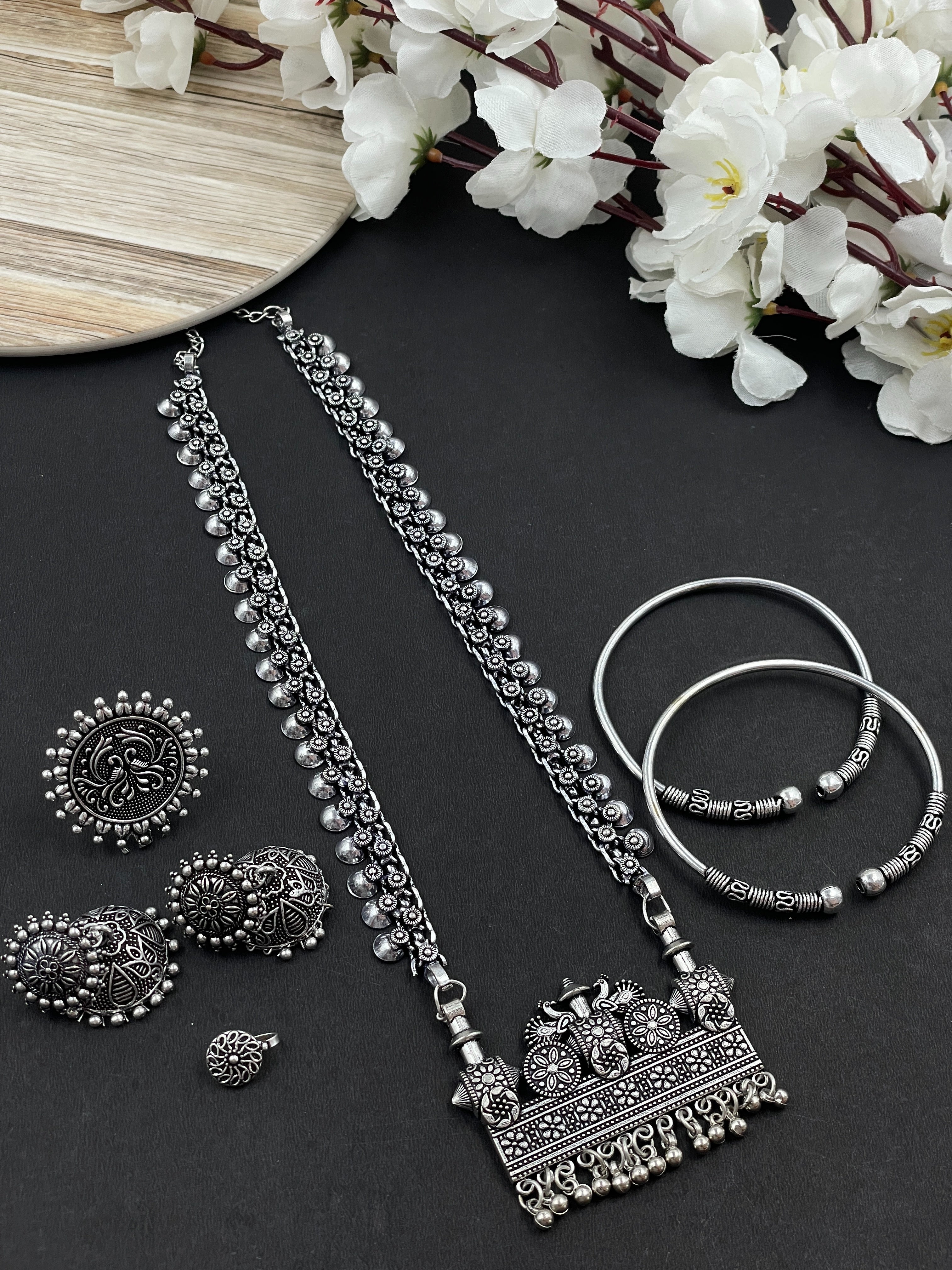 PORTIA OXIDISED SINGLE LINE PENDANT JEWELLERY SET COMBO