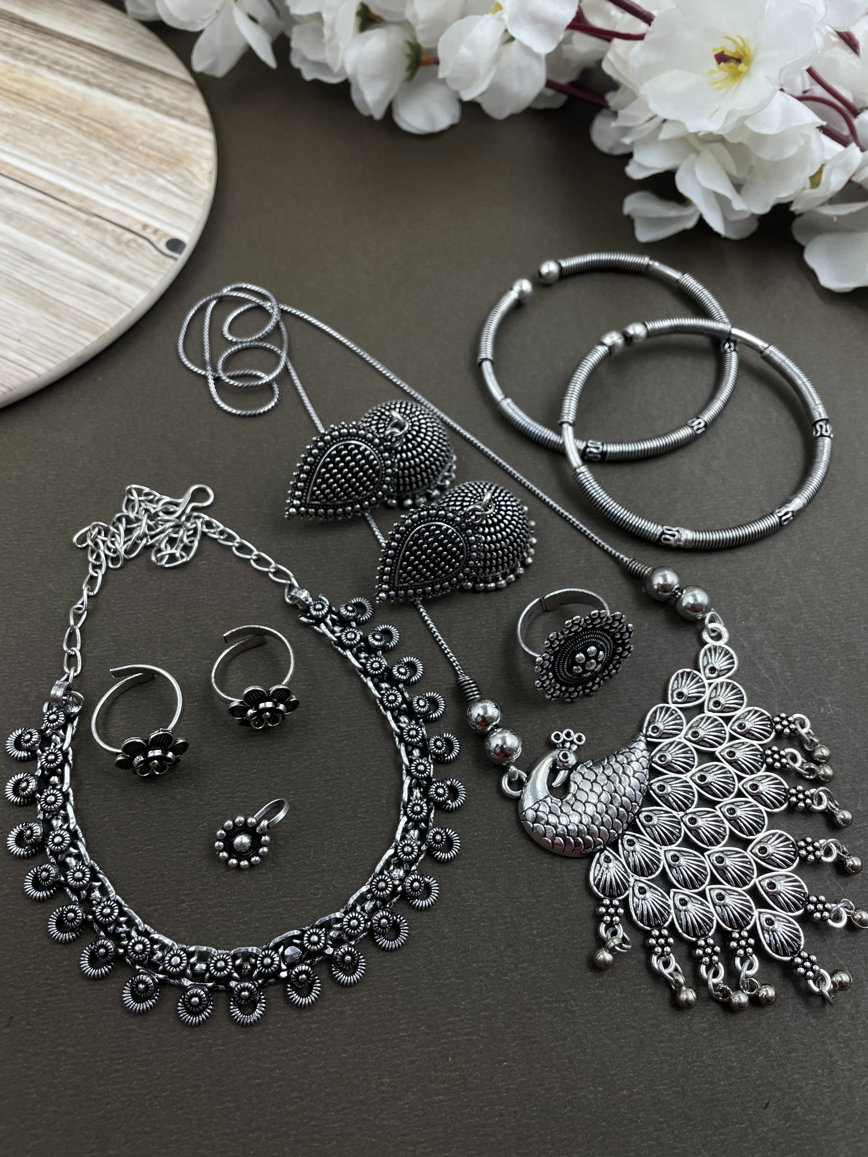 AMY SILVER OXIDISED NECKLACE WITH CHOKER JEWELLERY SET COMBO