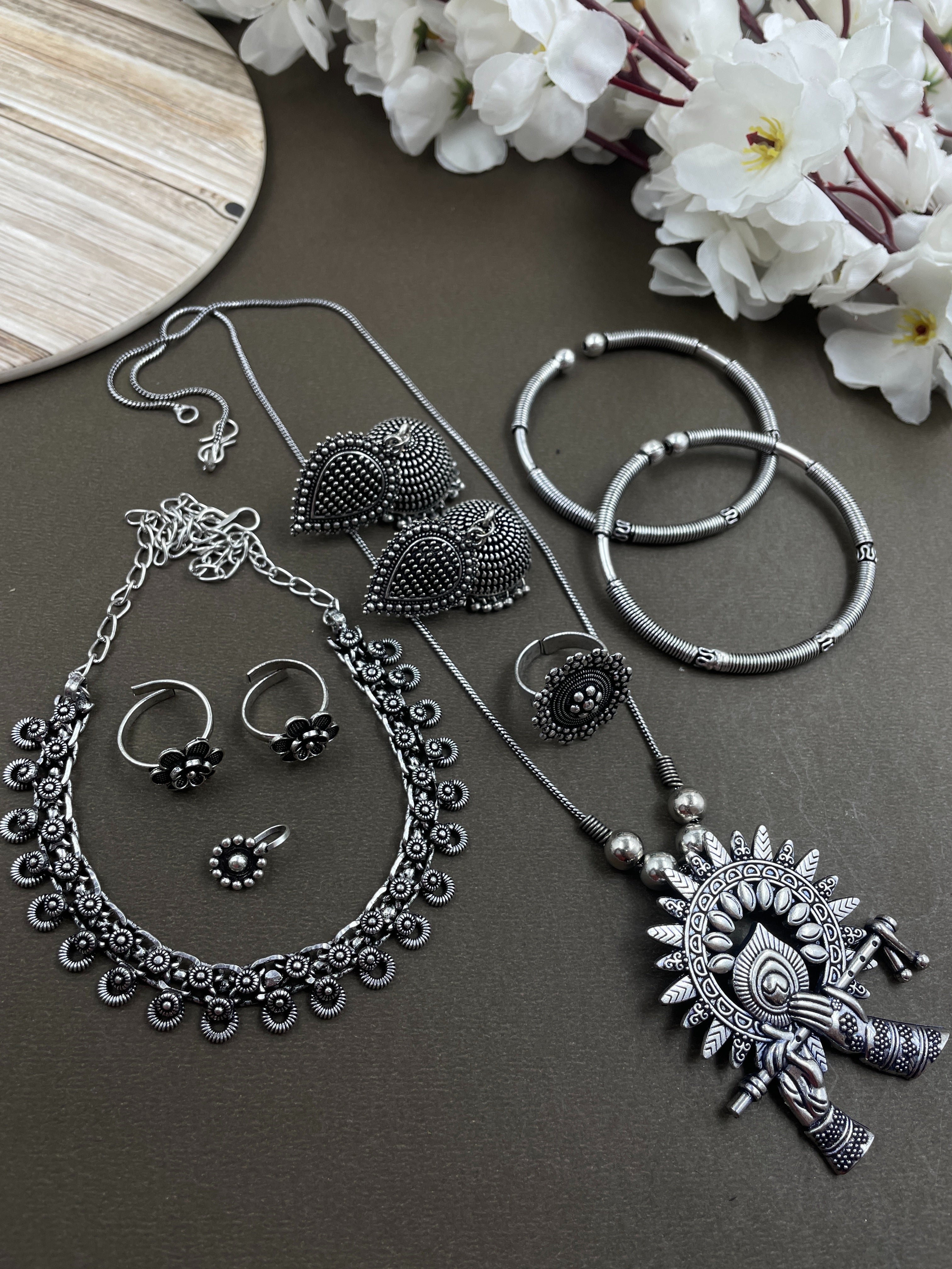 AMY SILVER OXIDISED NECKLACE WITH CHOKER JEWELLERY SET COMBO