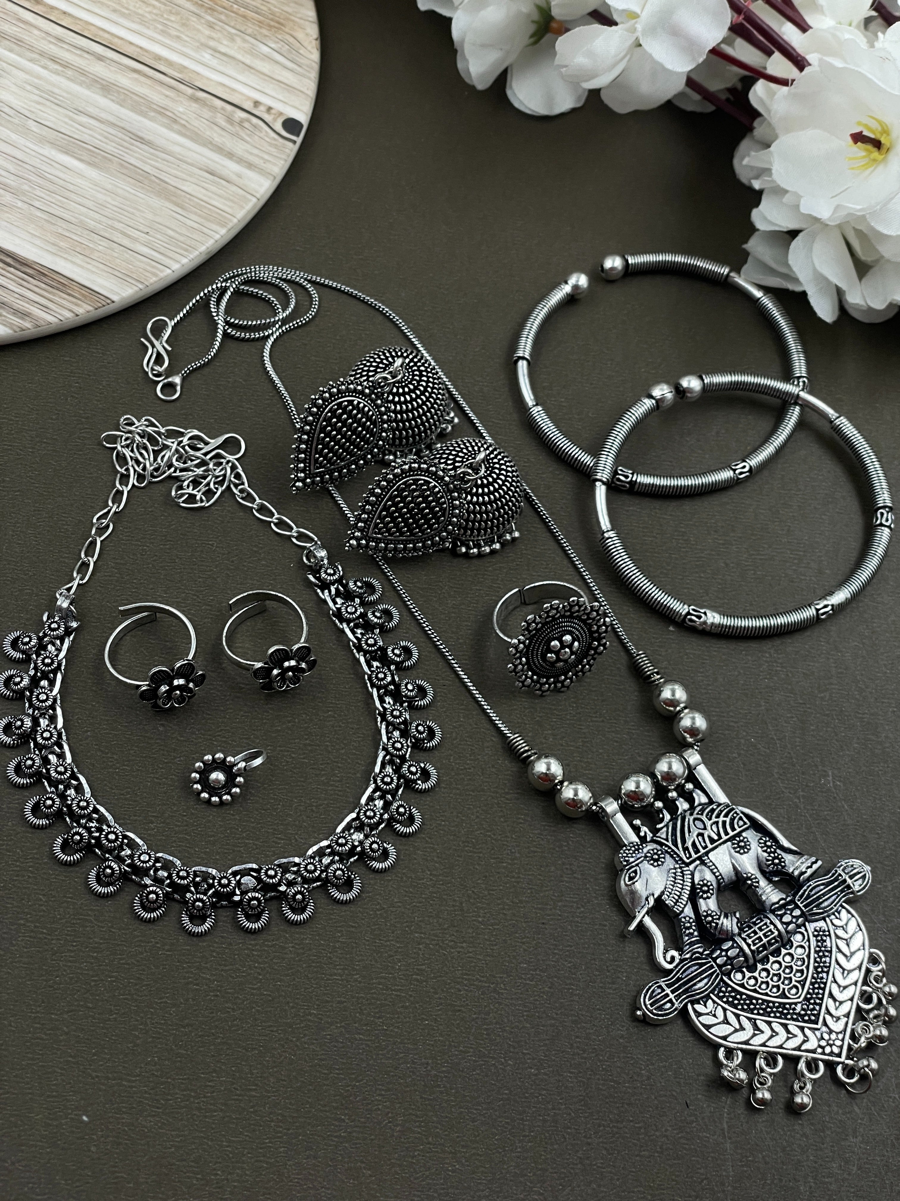 AMY SILVER OXIDISED NECKLACE WITH CHOKER JEWELLERY SET COMBO