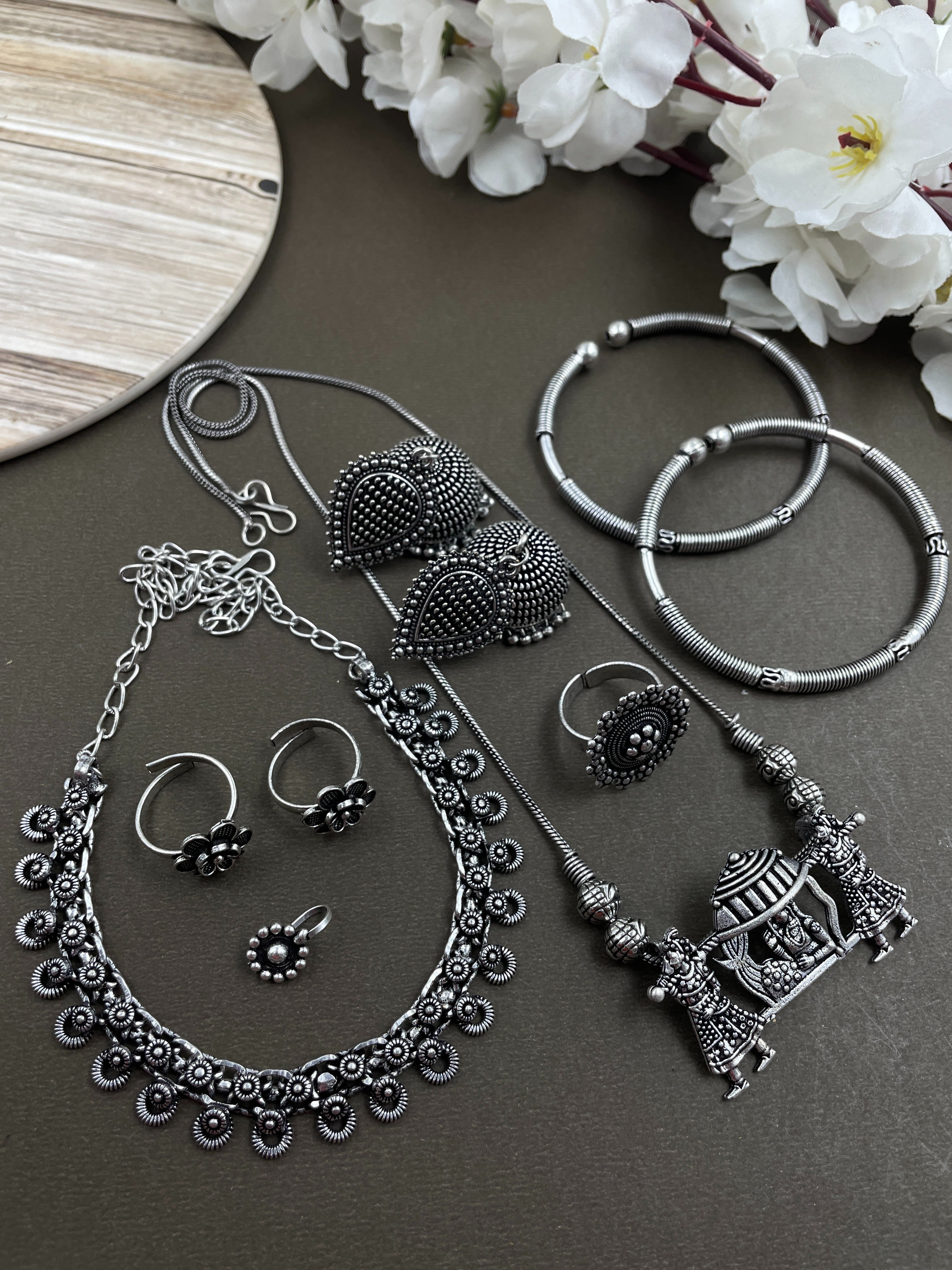 AMY SILVER OXIDISED NECKLACE WITH CHOKER JEWELLERY SET COMBO