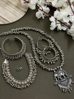 Load image into Gallery viewer, Oxidised crafted ghungroo jewelry set including a elephant Pendant , choker, earrings , ring, nosepin, and kada, all made with intricate ghungroo detailing and traditional design.