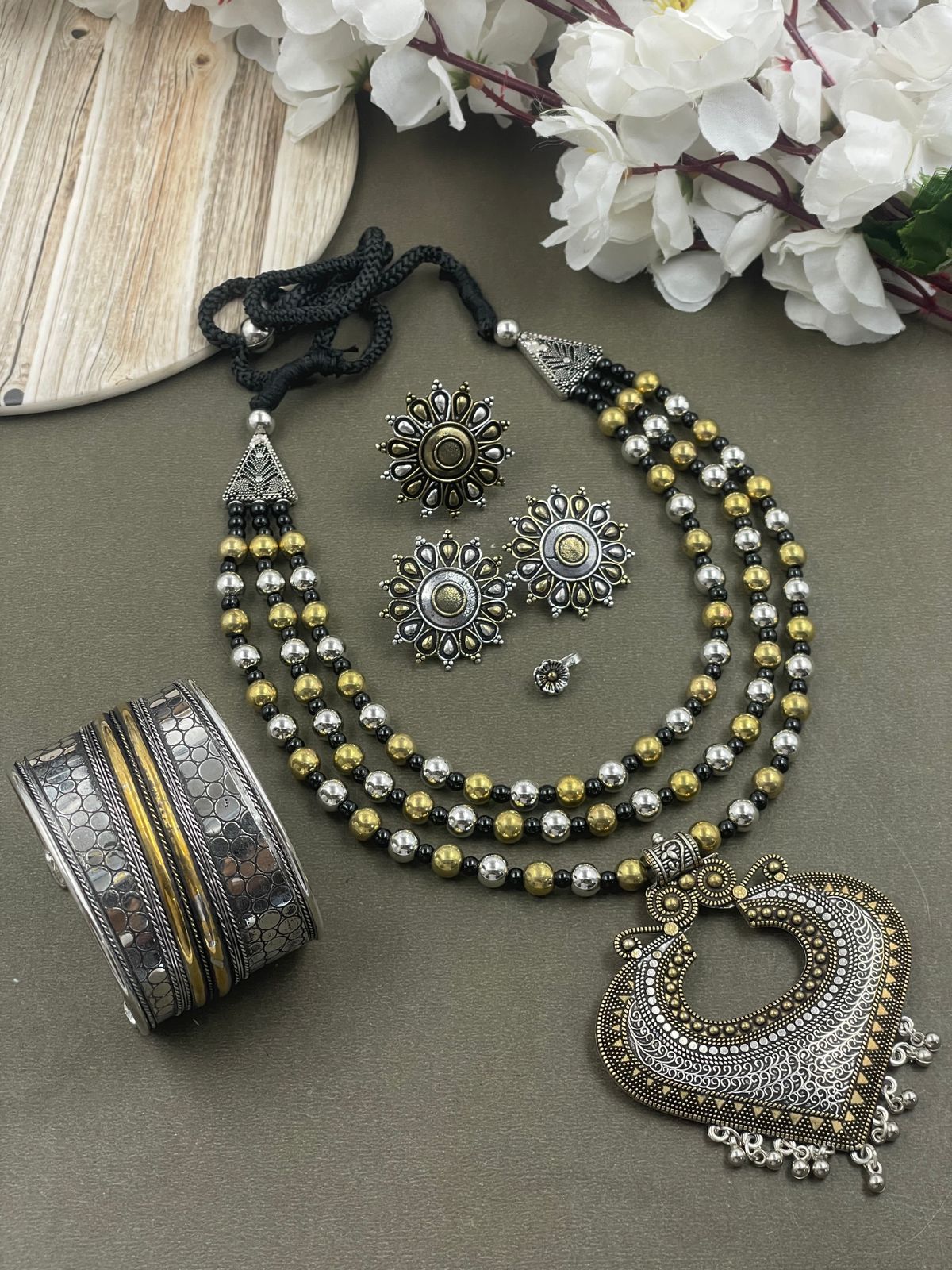 ROHINI 3 LINE DUAL TONE MALA PENDANT JEWELLERY SET COMBO