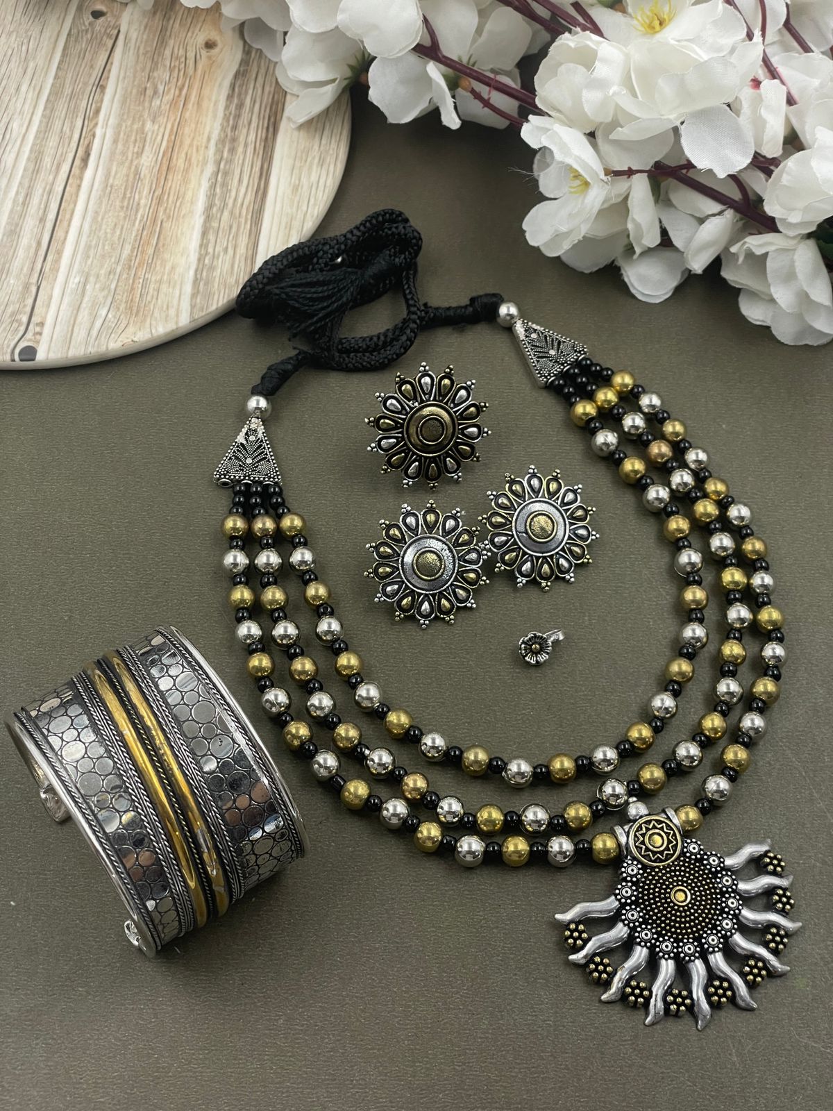 ROHINI 3 LINE DUAL TONE MALA PENDANT JEWELLERY SET COMBO