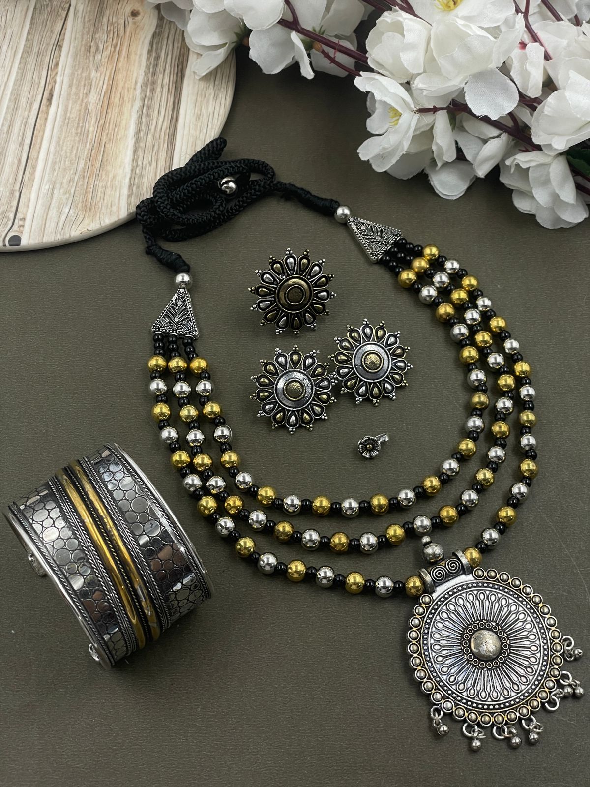 ROHINI 3 LINE DUAL TONE MALA PENDANT JEWELLERY SET COMBO