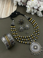 Load image into Gallery viewer, ROHINI 3 LINE DUAL TONE MALA PENDANT JEWELLERY SET COMBO