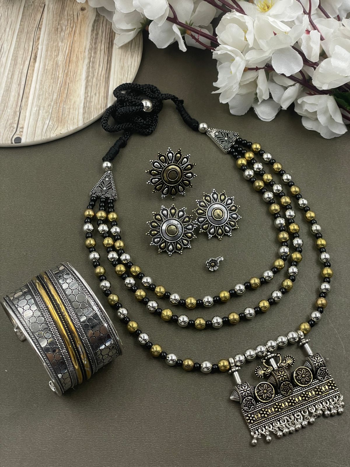 ROHINI 3 LINE DUAL TONE MALA PENDANT JEWELLERY SET COMBO