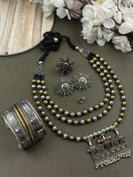 Load image into Gallery viewer, ROHINI 3 LINE DUAL TONE MALA PENDANT JEWELLERY SET COMBO
