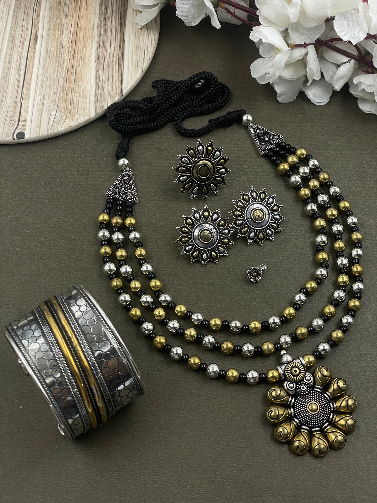 ROHINI 3 LINE DUAL TONE MALA PENDANT JEWELLERY SET COMBO