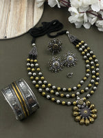 Load image into Gallery viewer, ROHINI 3 LINE DUAL TONE MALA PENDANT JEWELLERY SET COMBO
